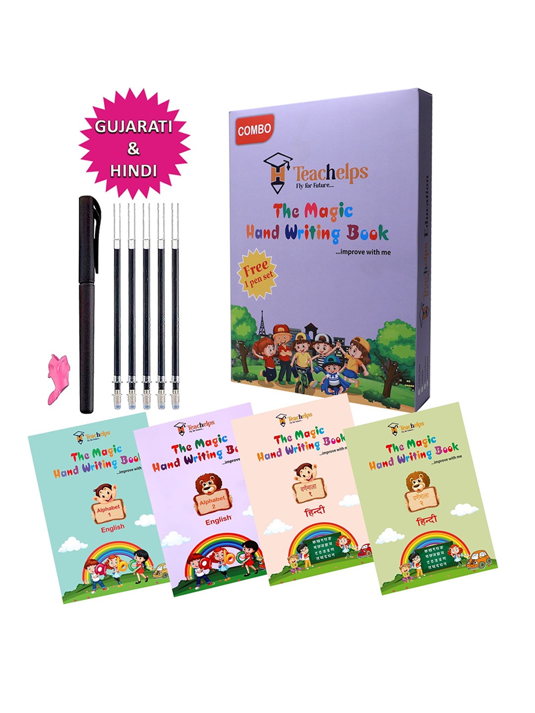 

Teachelps Set Of 4 Reusable Gujarati Hindi Books With 1 Pen, Green
