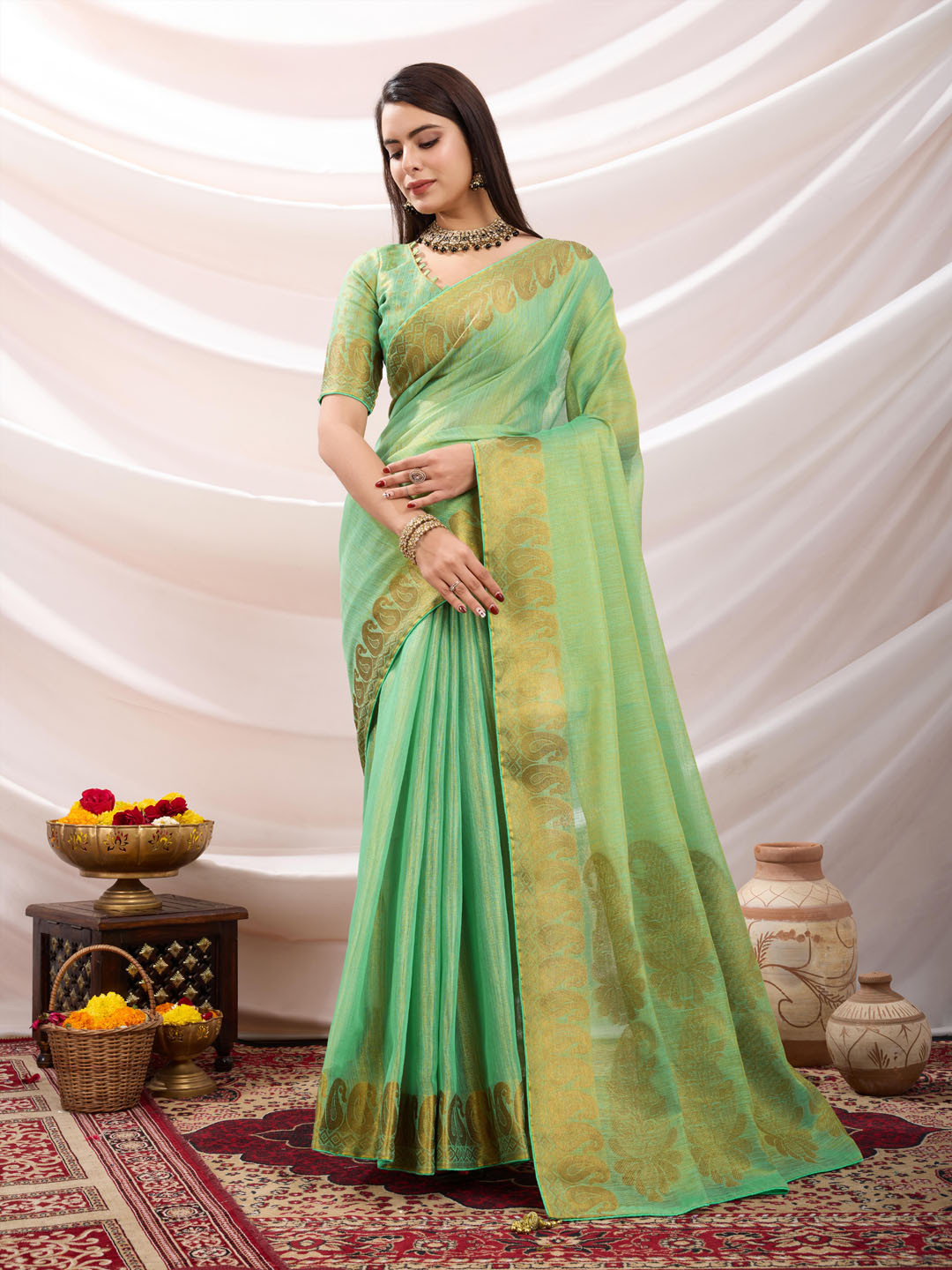 

Meena Bazaar Woven Design Zari Art Silk Saree, Sea green