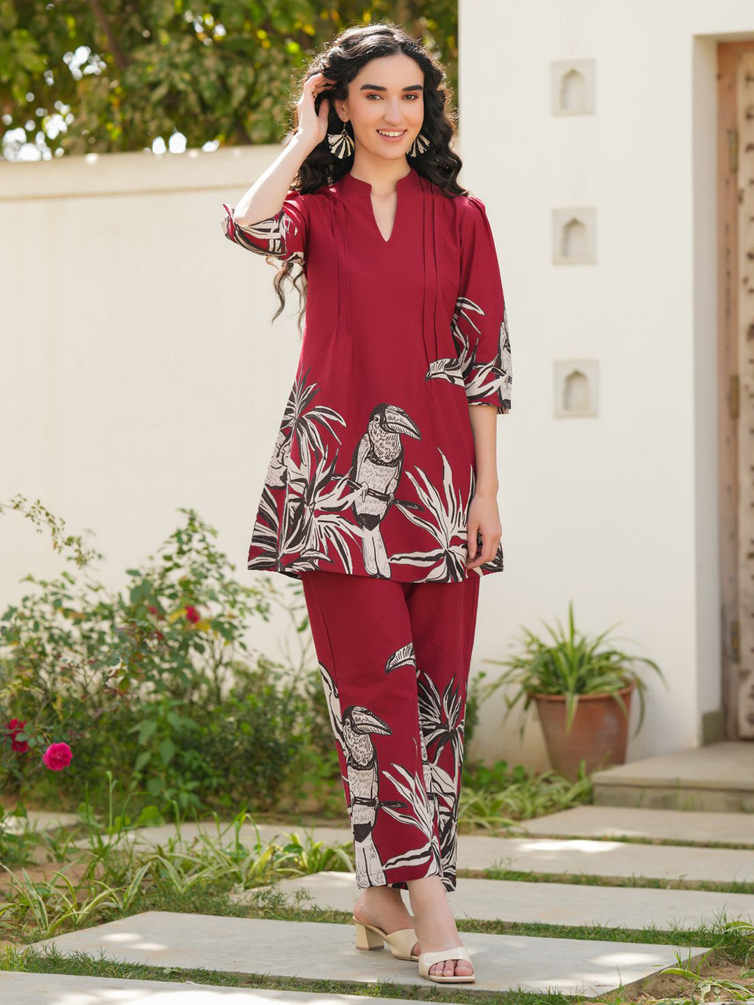 

JISORA Women's Red Printed Cotton Co-ord Set