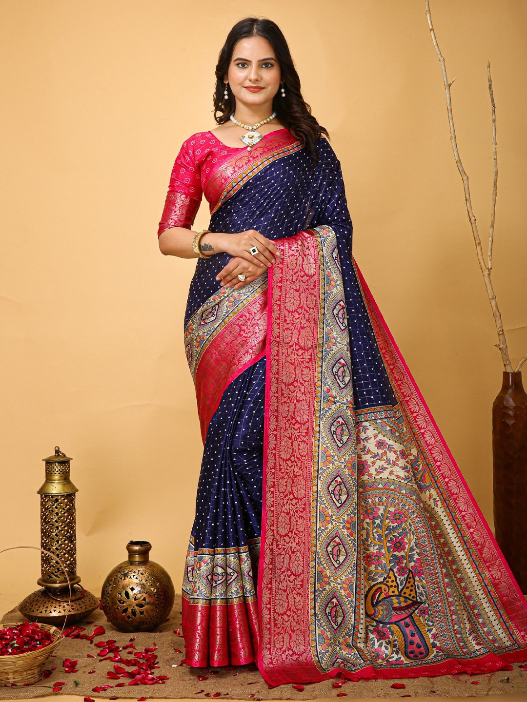 

Rangtulika Ethnics Kalamkari Zari Saree, Navy blue