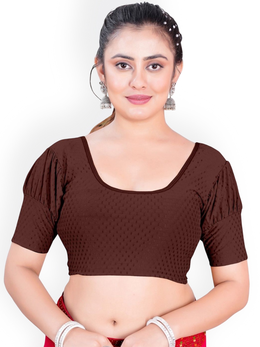 

SS Sanket Synthetics Dobby Textured Stretchable Balloon Saree Blouse, Coffee brown