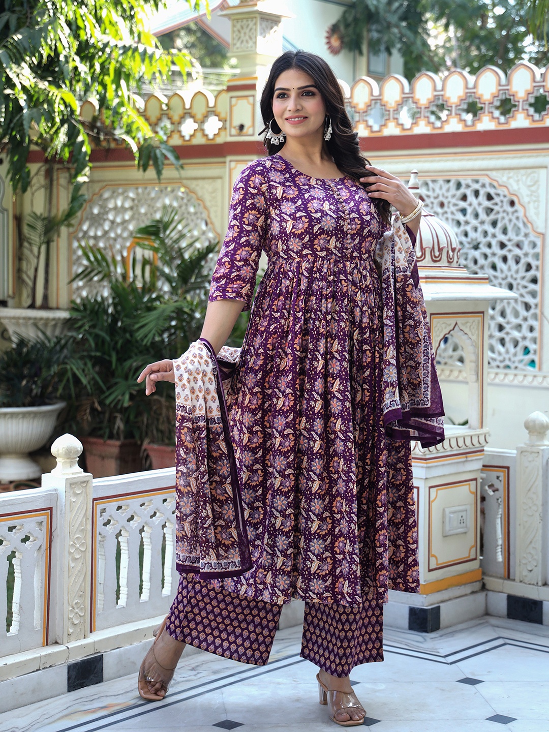 

ELVISH JAIPUR Women Ethnic Motifs Printed Regular Phulkari Pure Cotton Kurta with Palazzos & With Dupatta, Purple