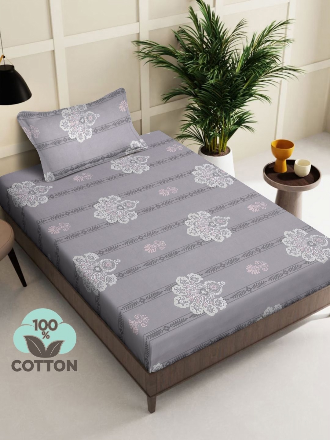 

Myntra Elegant Homes Grey & White Floral 400 TC Single Bedsheet with 1 Pillow Covers