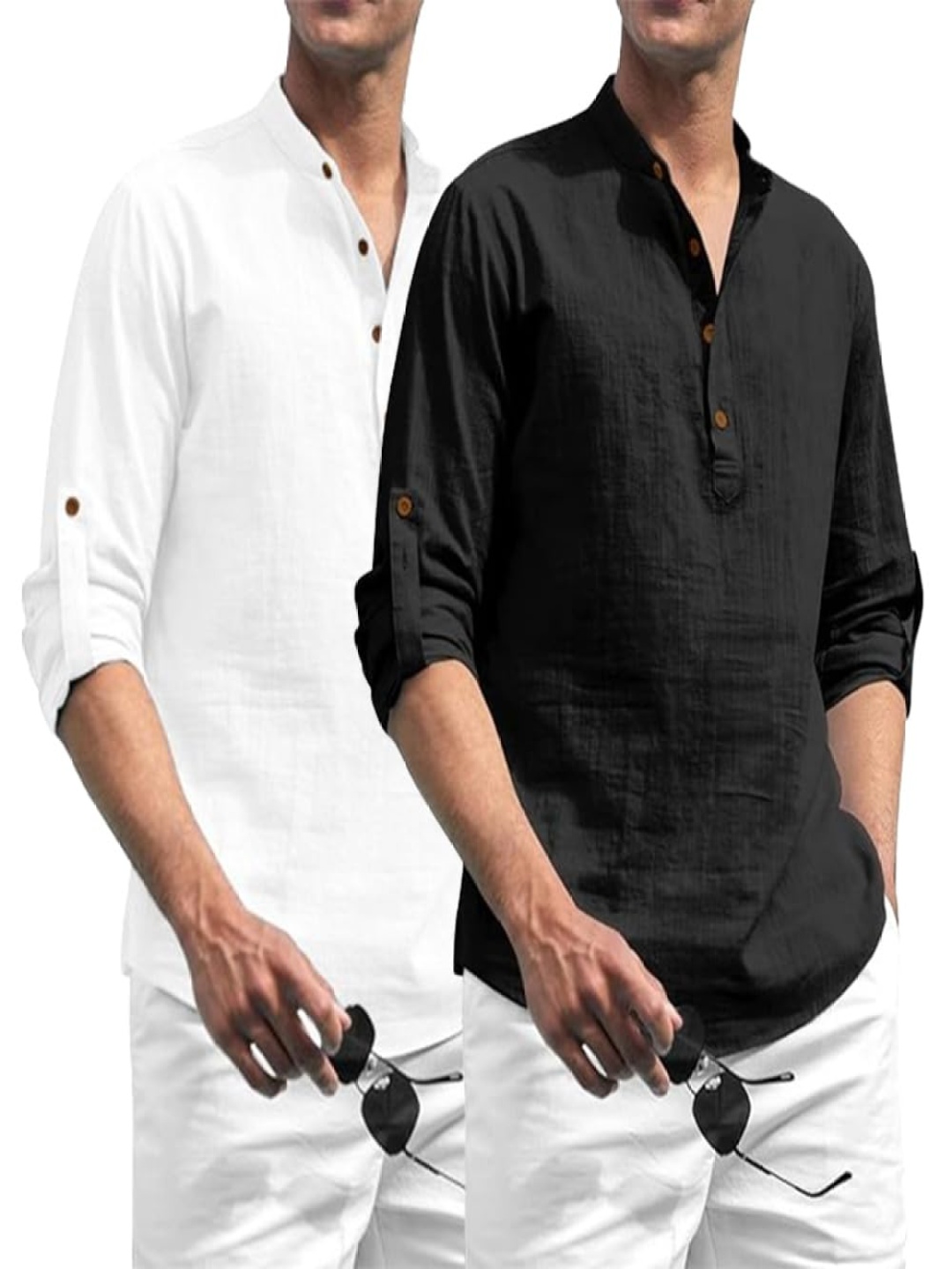 

EdinWolf Pack Of 2 Band Collar Roll-Up Sleeves Cotton Straight Kurta, Black