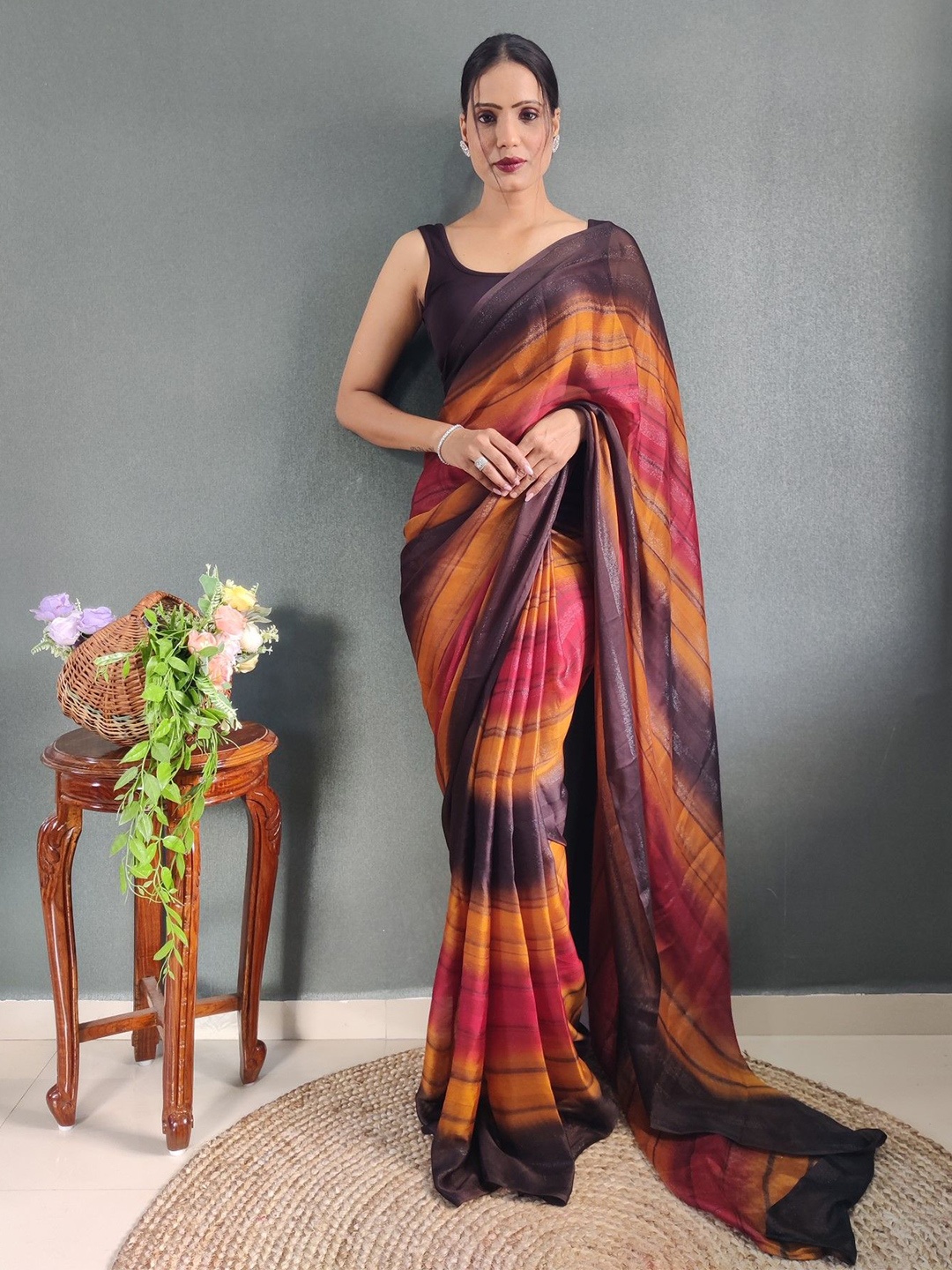 

Rangtulika Ethnics Striped Zari Poly Georgette Ready to Wear Saree, Orange