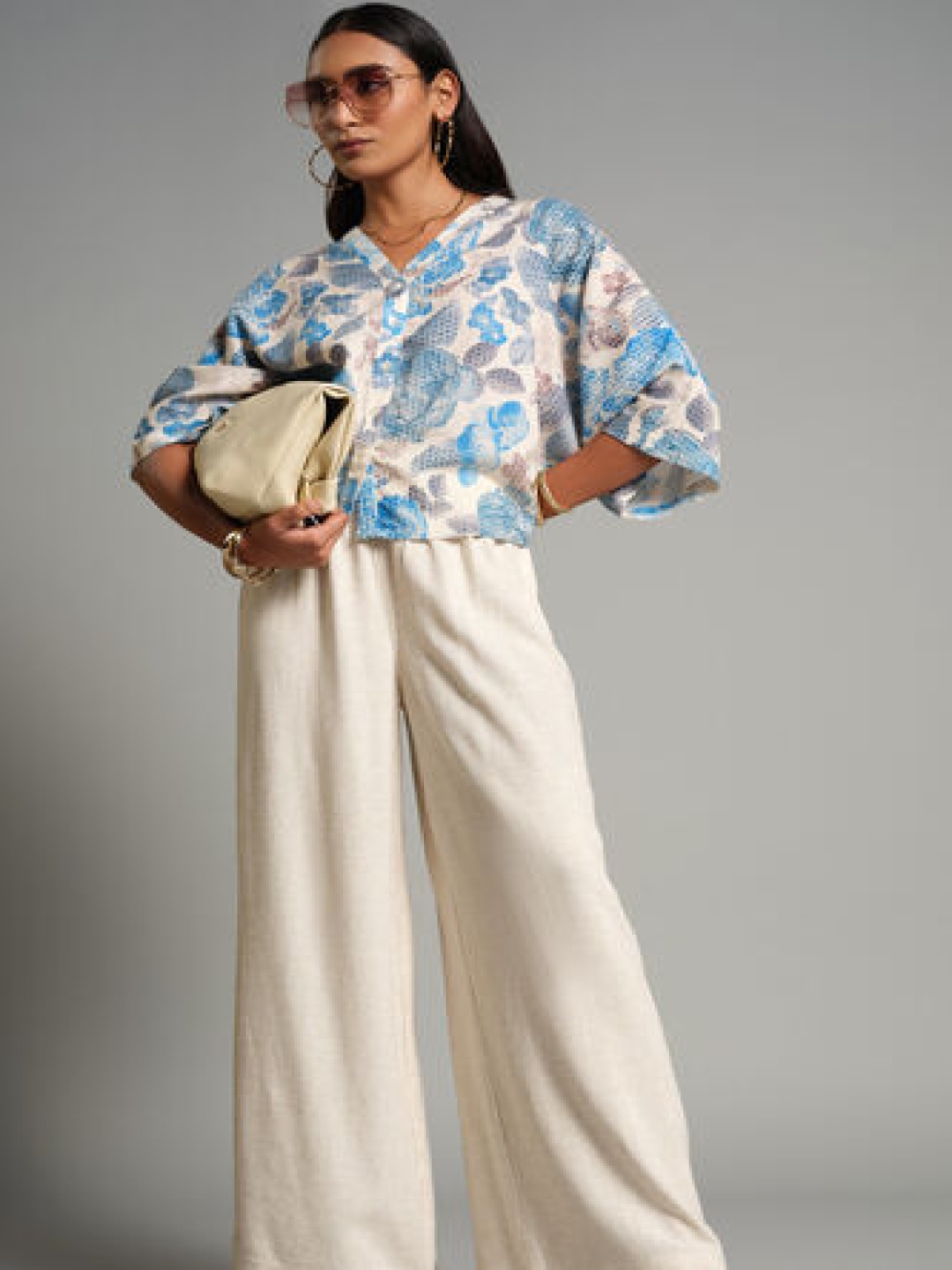 

AND Floral Print Shirt Style Top, Blue