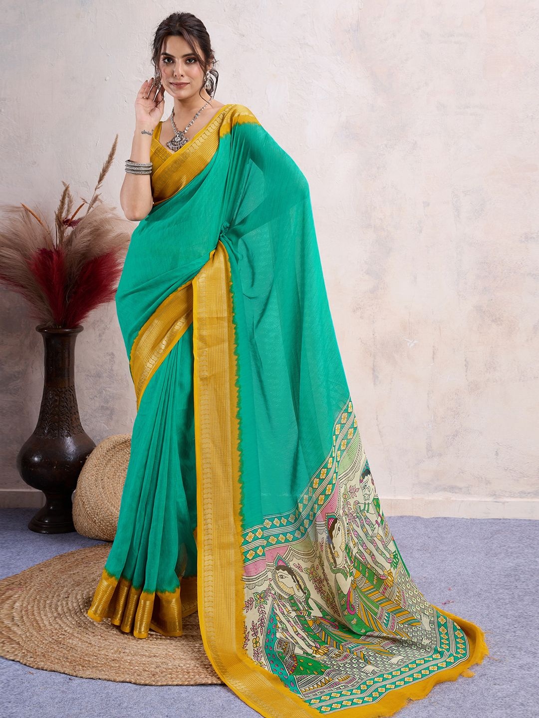 

LeeliPeeri Designer Kalamkari Zari Silk Blend Saree, Green