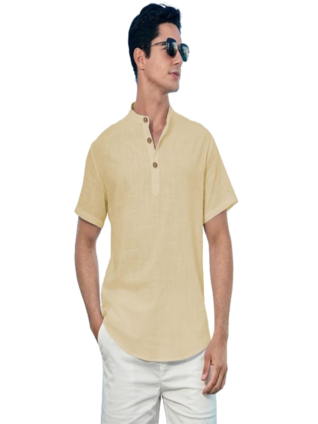 

EdinWolf Short Sleeves Band Collar Slim Fit Cotton Straight Short Kurta, Beige