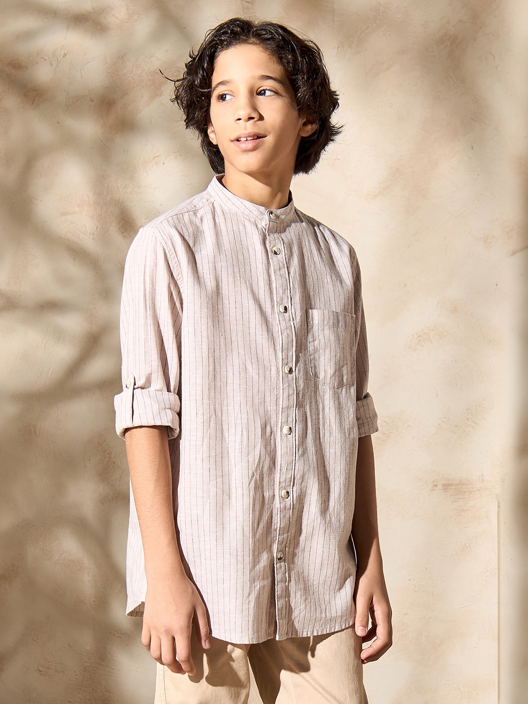 

max Boys Opaque Striped Casual Shirt, Brown