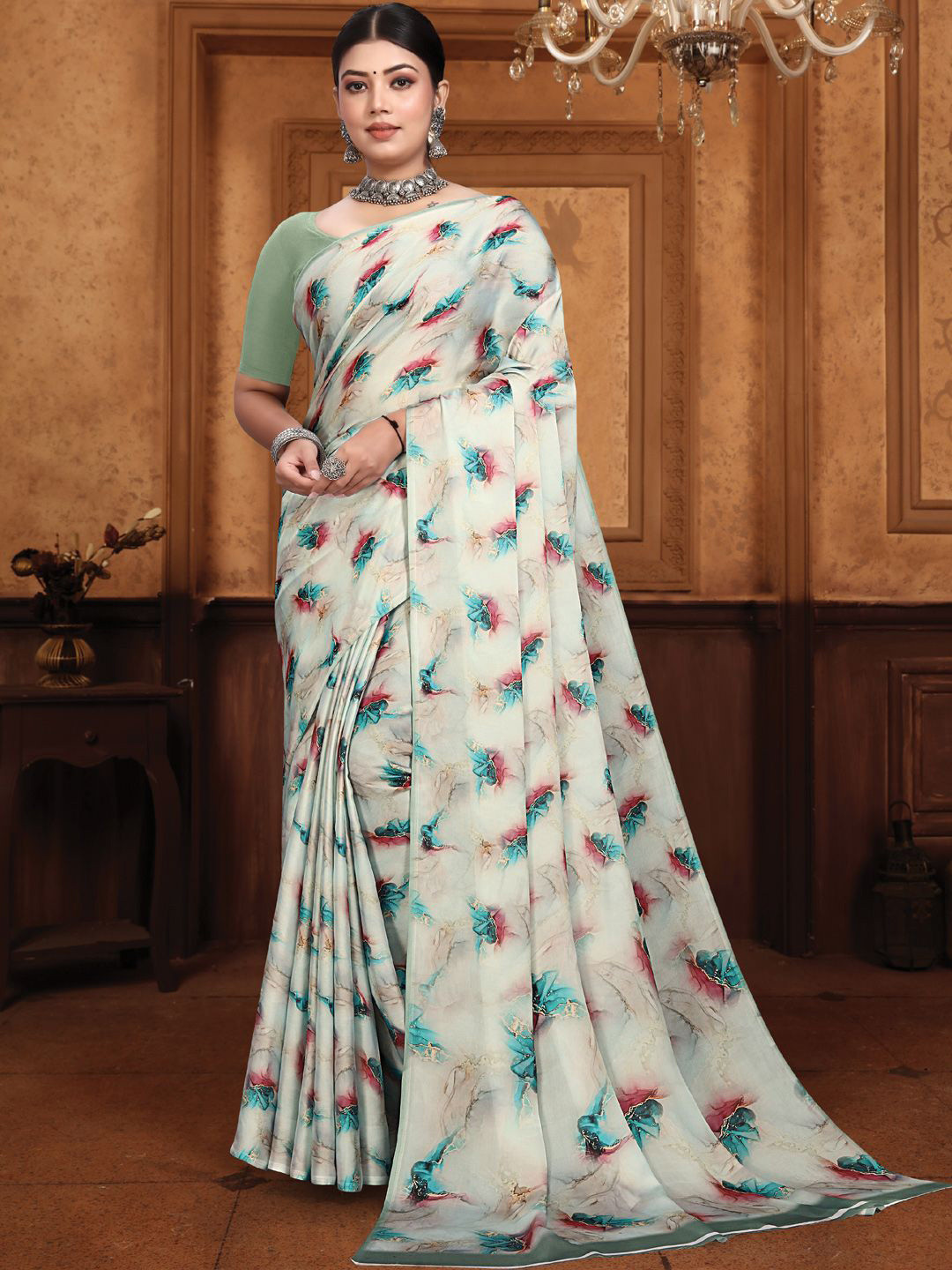 

LeeliPeeri Designer Floral Satin Saree, Beige
