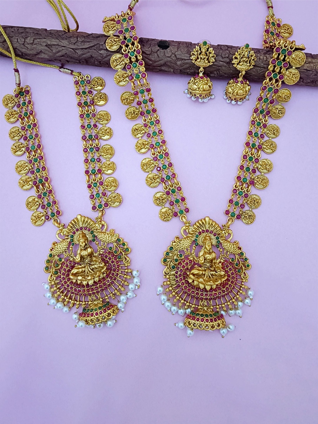 

EVY Set Of 2 Gold-Plated CZ Studded & Beaded Lakshmi Pendant Coin Bridal Jewellery Sets