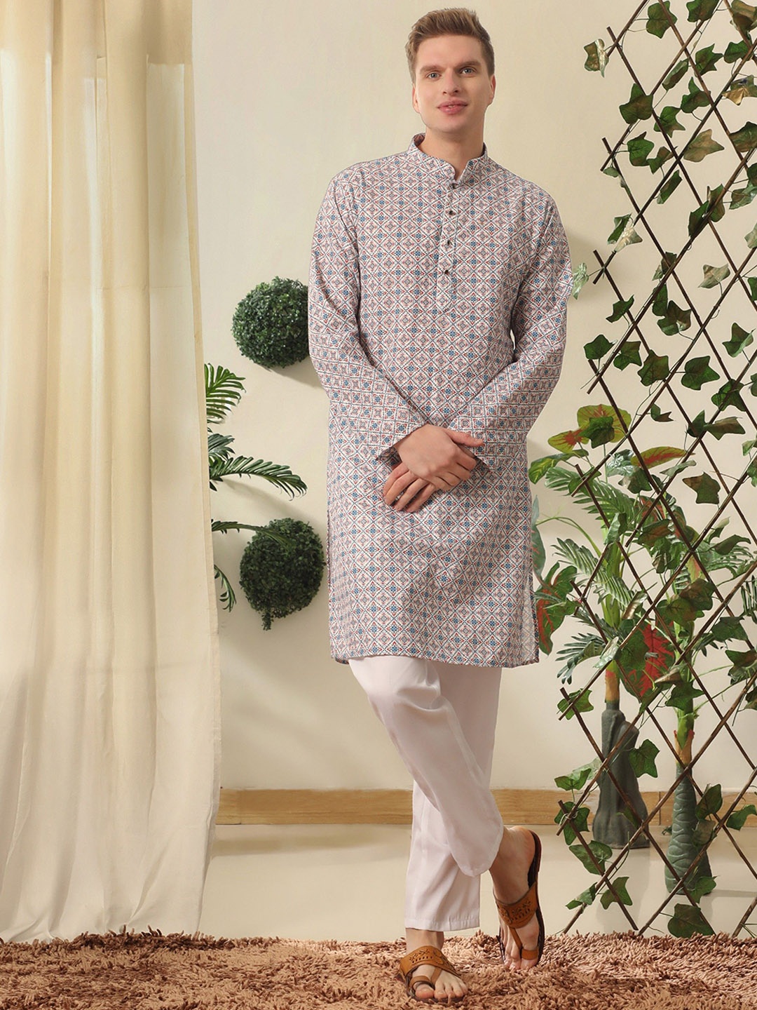 

Pro-Ethic STYLE DEVELOPER Men Flared Sleeves Mirror Work Jacquard Kurta, Blue