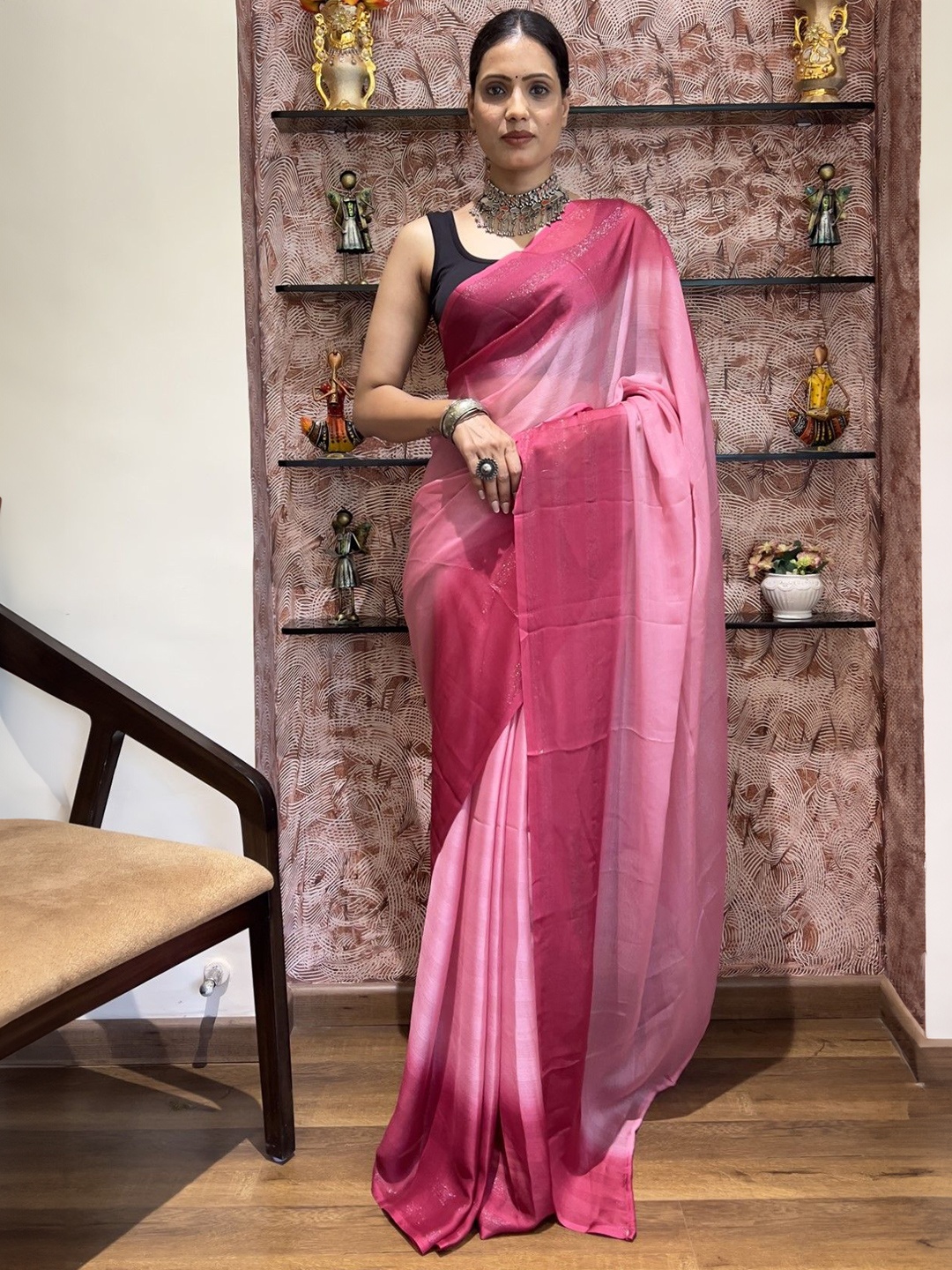 

Rangtulika Ethnics Colourblocked Poly Georgette Ready to Wear Saree, Pink