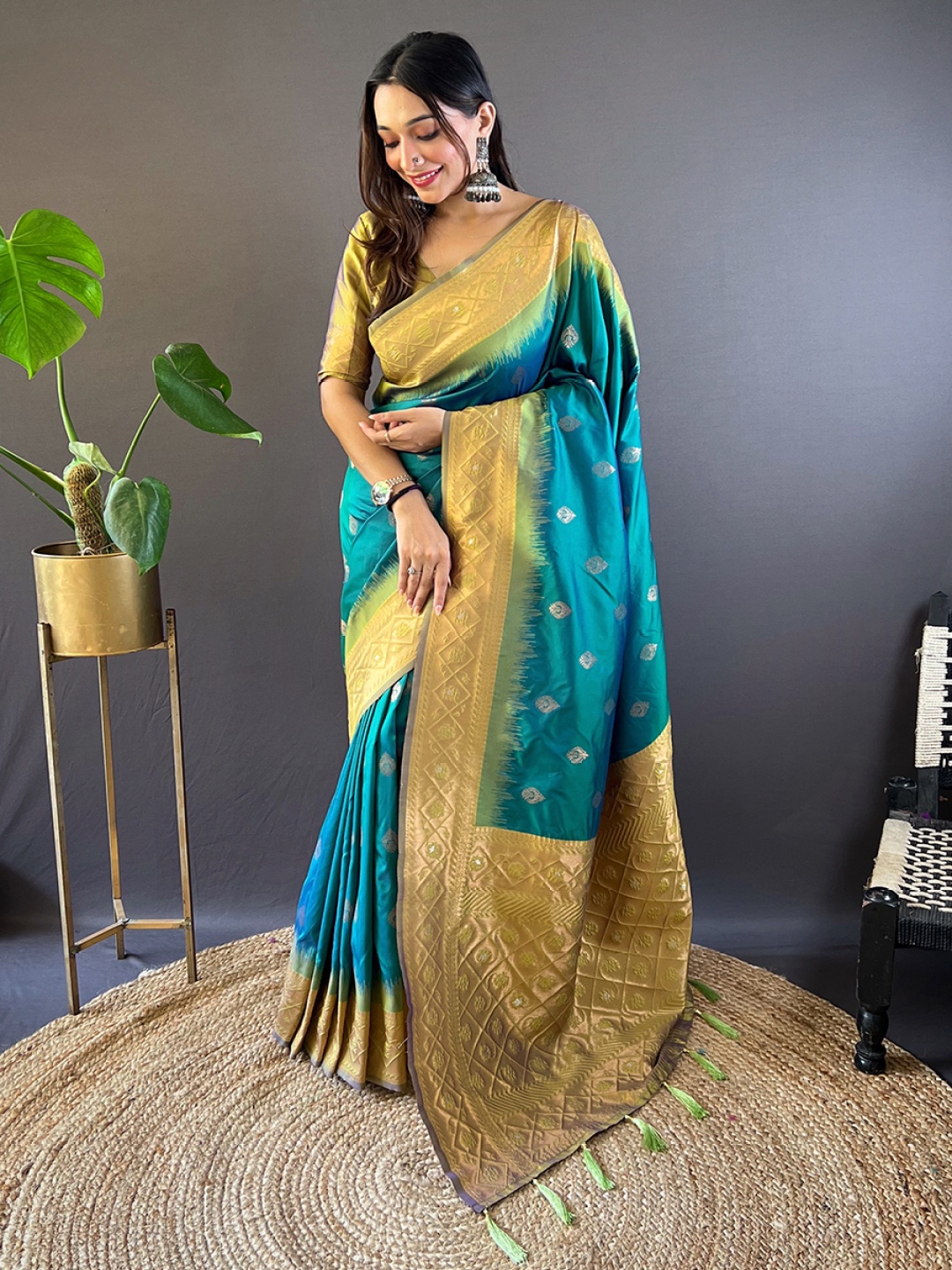 

all about you Woven Design Zari Silk Blend Banarasi Saree, Green