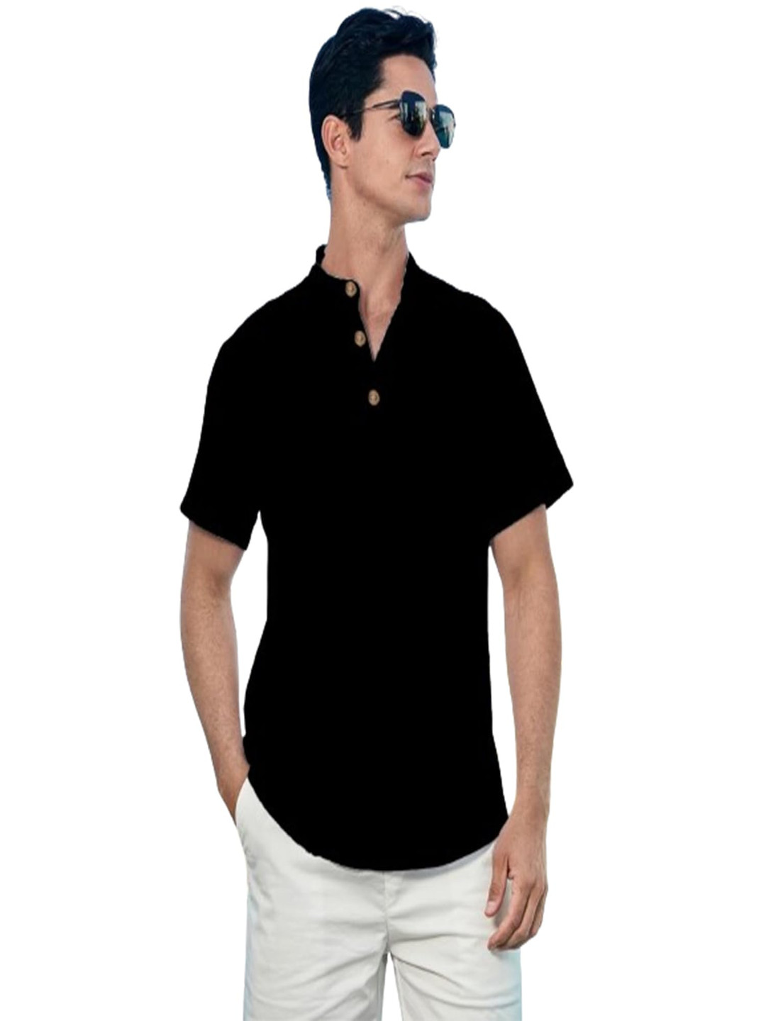 

EdinWolf Band Collar Pure Cotton Slim Fit Short Kurta, Black