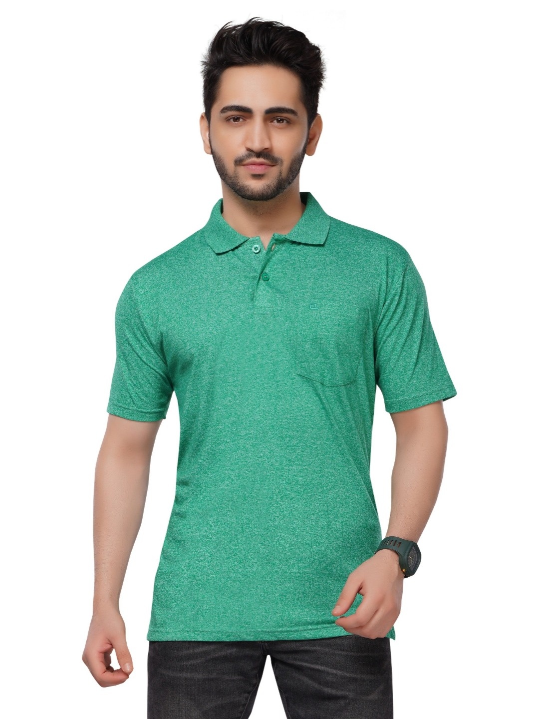 

QUCO Men Casual Biowashed Cotton Solid Green Pocket Polo Tshirt