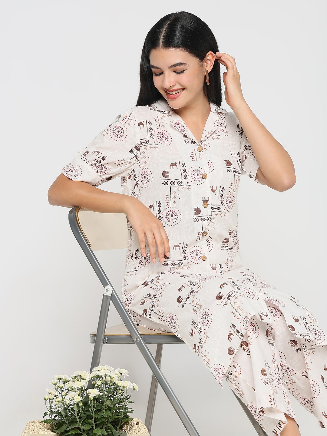 

R&B Women Ethnic Motifs Printed Flared Sleeves Mirror Work Kurta, Beige