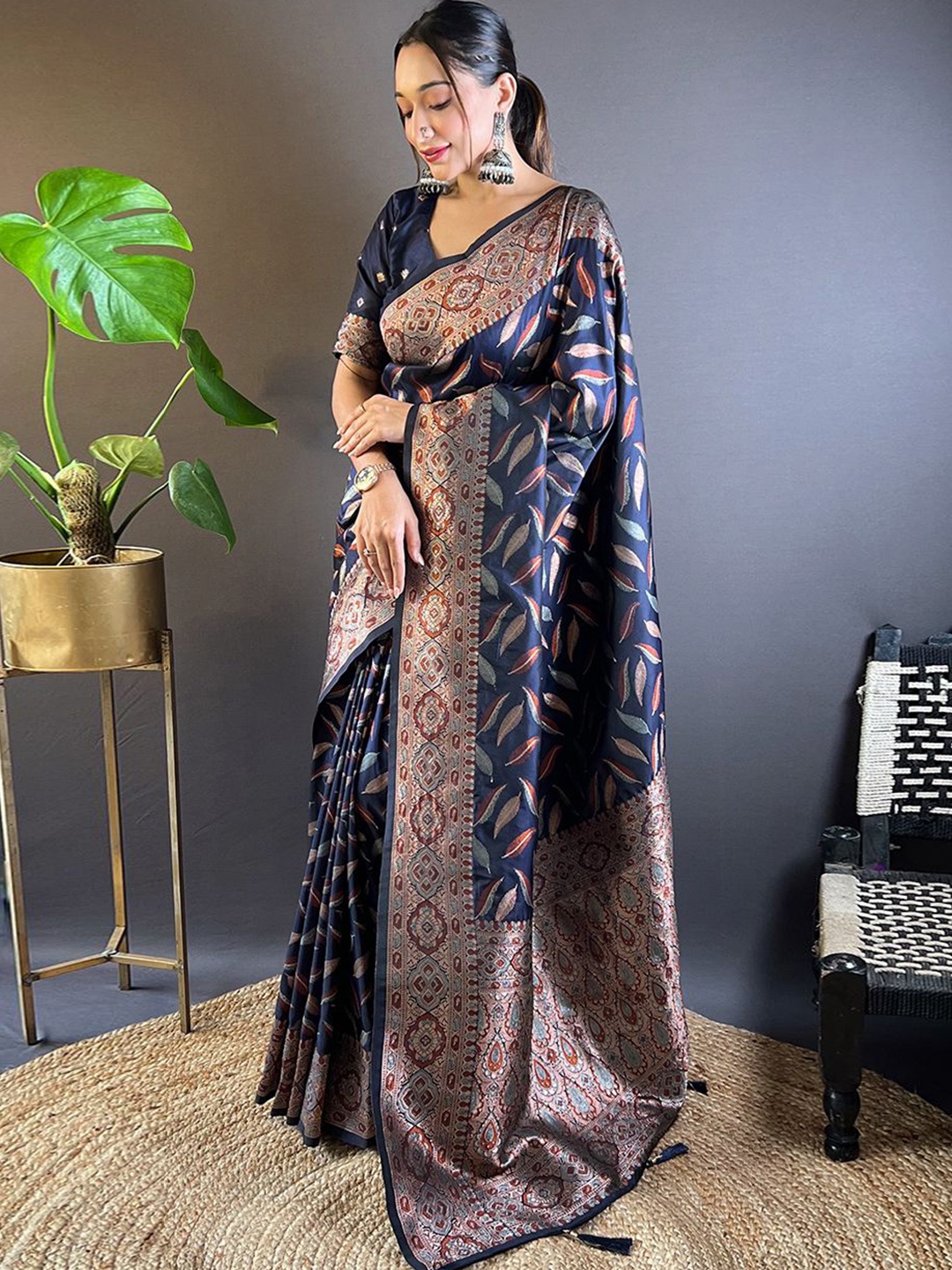 

all about you Woven Design Zari Silk Blend Banarasi Saree, Navy blue