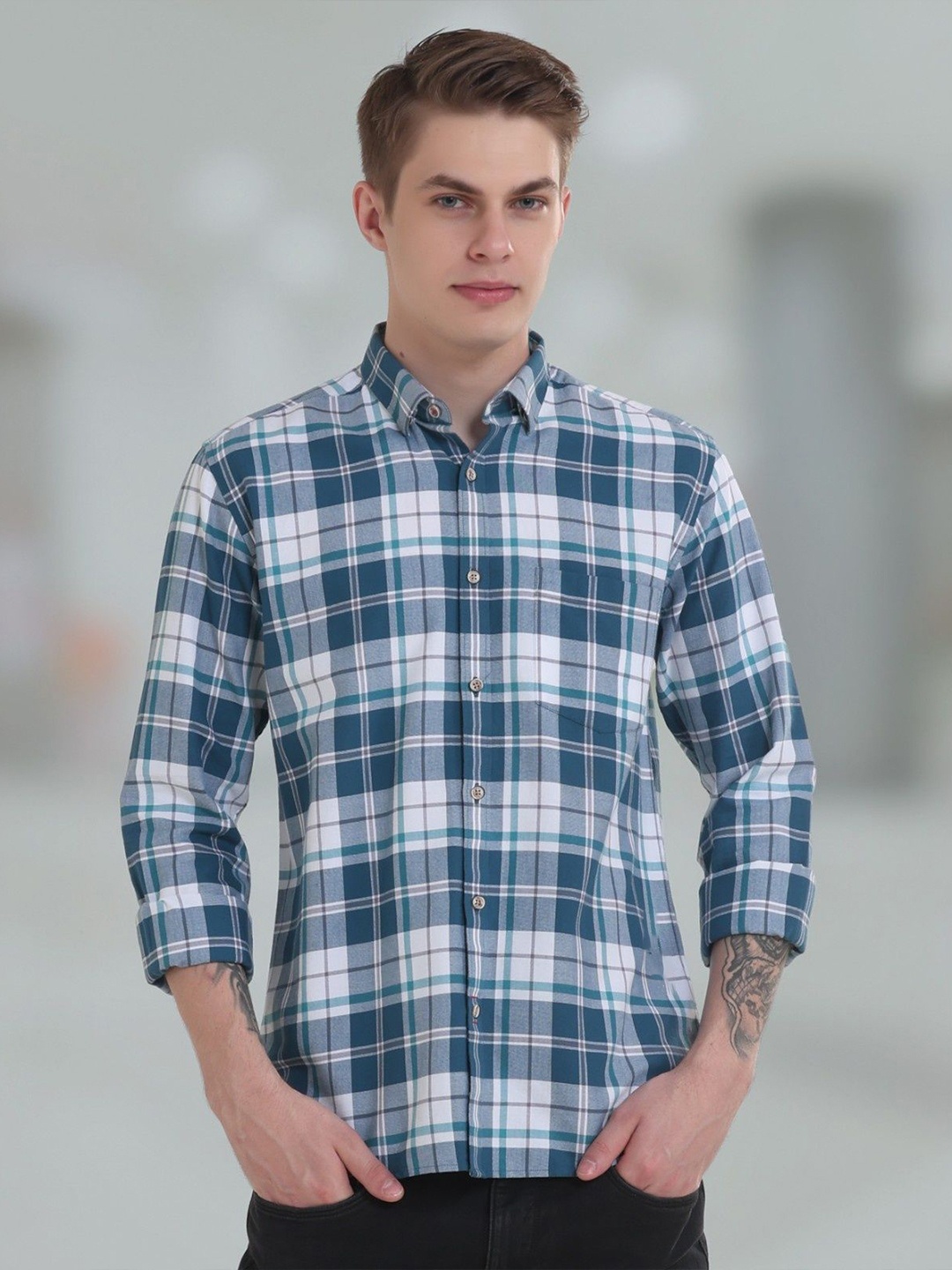 

TURMS Anti Stain Anti Odor Water Repellent Cotton Checked Shirt, Teal