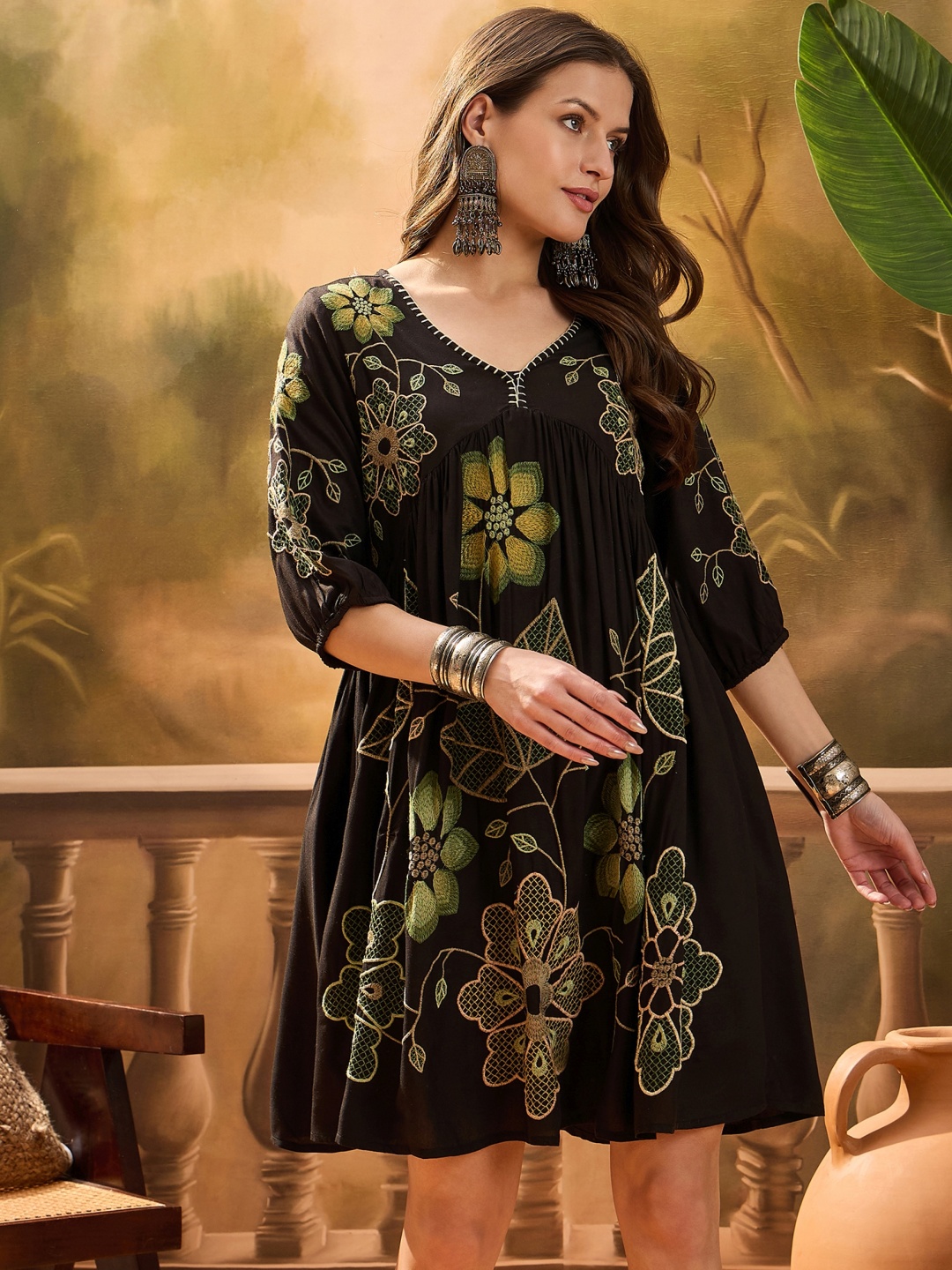 

Sangria Embroidered Pure Cotton Fit & Flare Dress, Black