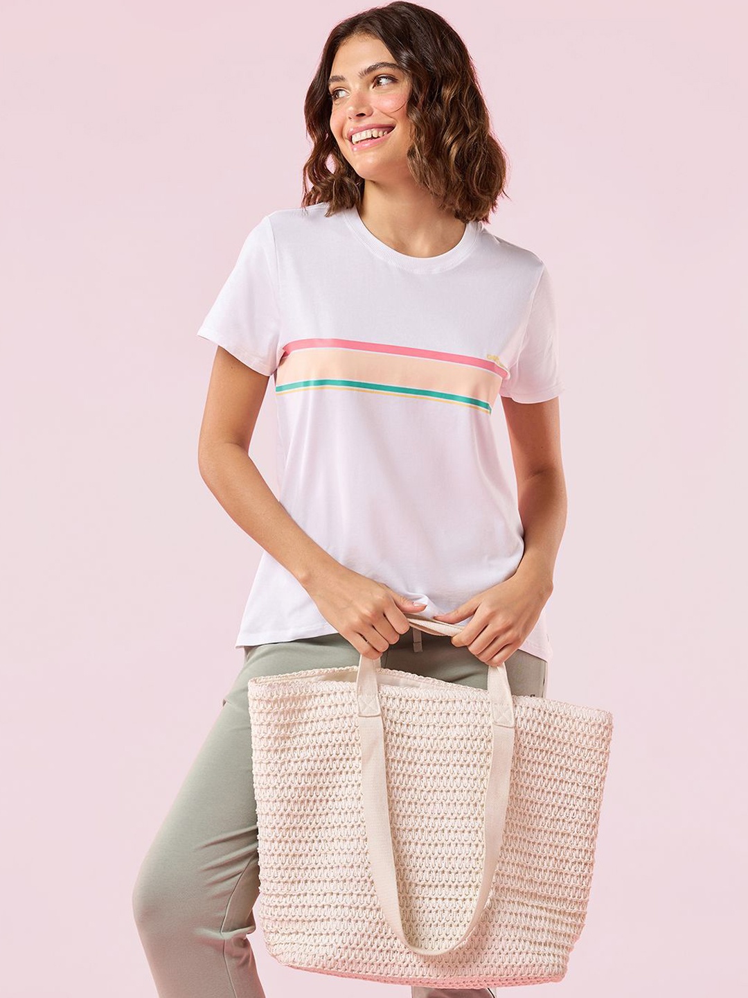 

Enamor Striped Crew Neck Stretch High-Low Lounge T-Shirt, White