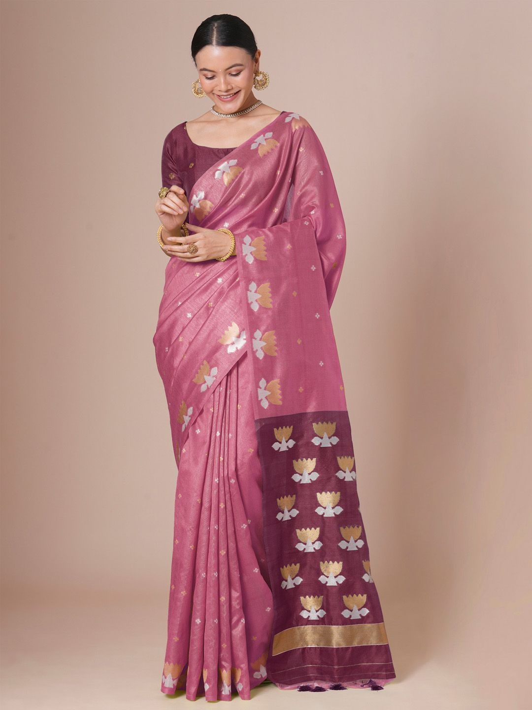 

House of Pataudi Woven Design Festive Saree With Matching Blouse, Mauve