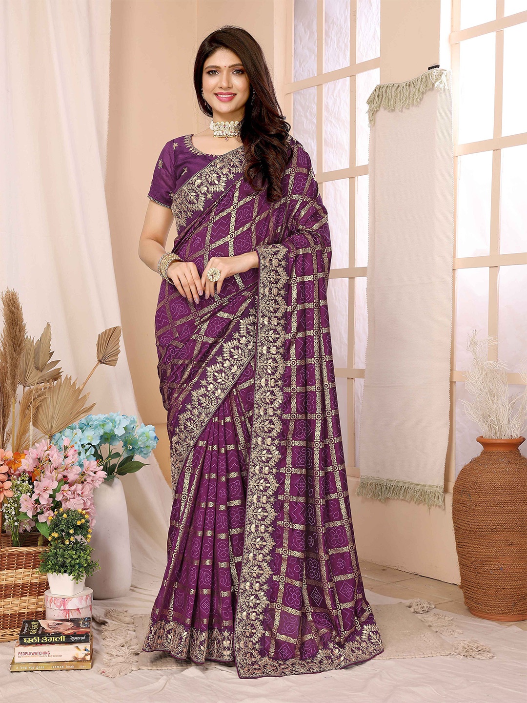 

NEGRONI Ethnic Motifs Zari Silk Blend Bandhani Saree, Purple