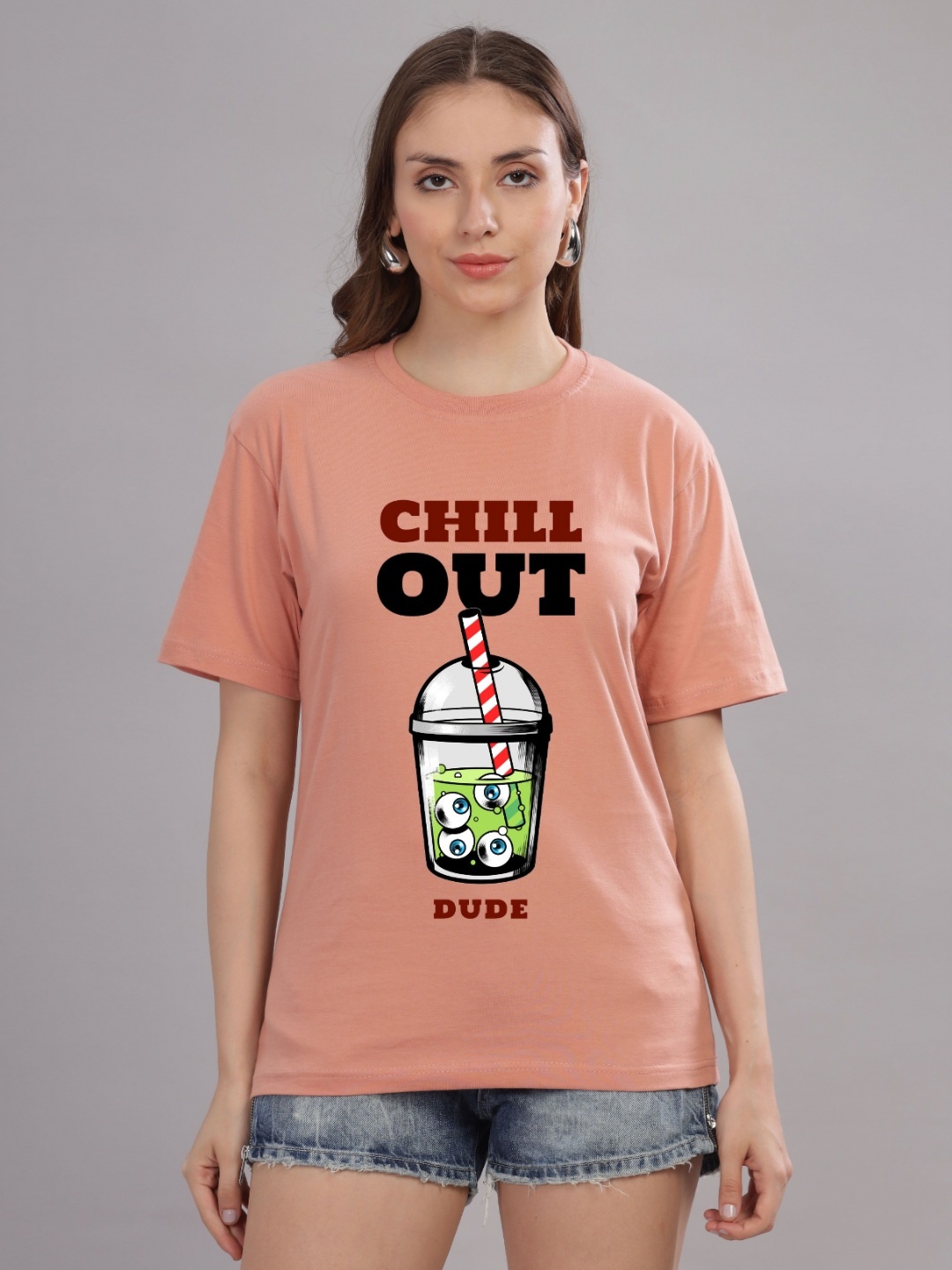 

FALTU.CO Women Printed Drop-Shoulder Sleeves Pure Cotton T-shirt, Peach