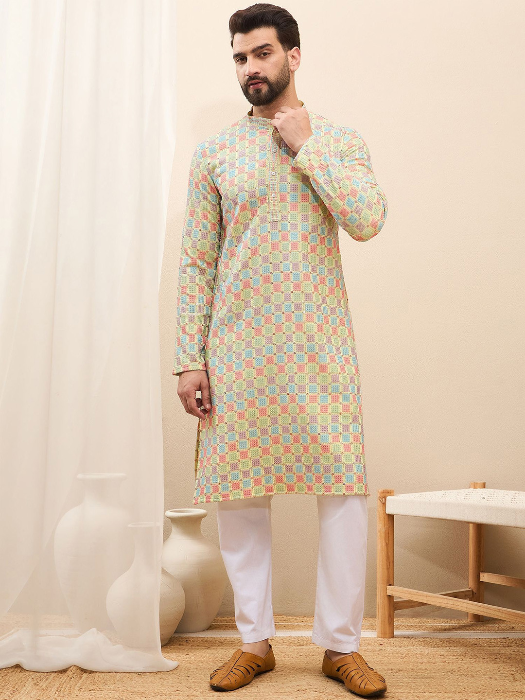 

House of Pataudi Men Thread Sequence Work Kurtas, Lime green