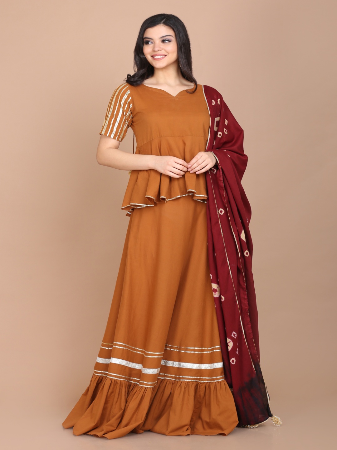 

Fourleaf Women Regular Pure Cotton Top with Skirt & With Dupatta, Brown