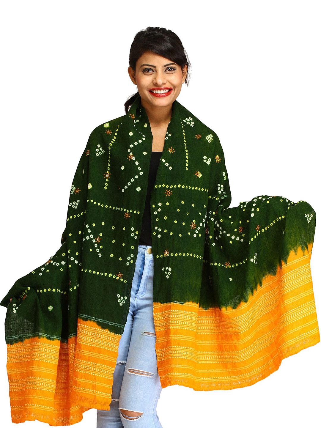 

Exotic India Women Bandhani Embroidered Shawl, Green