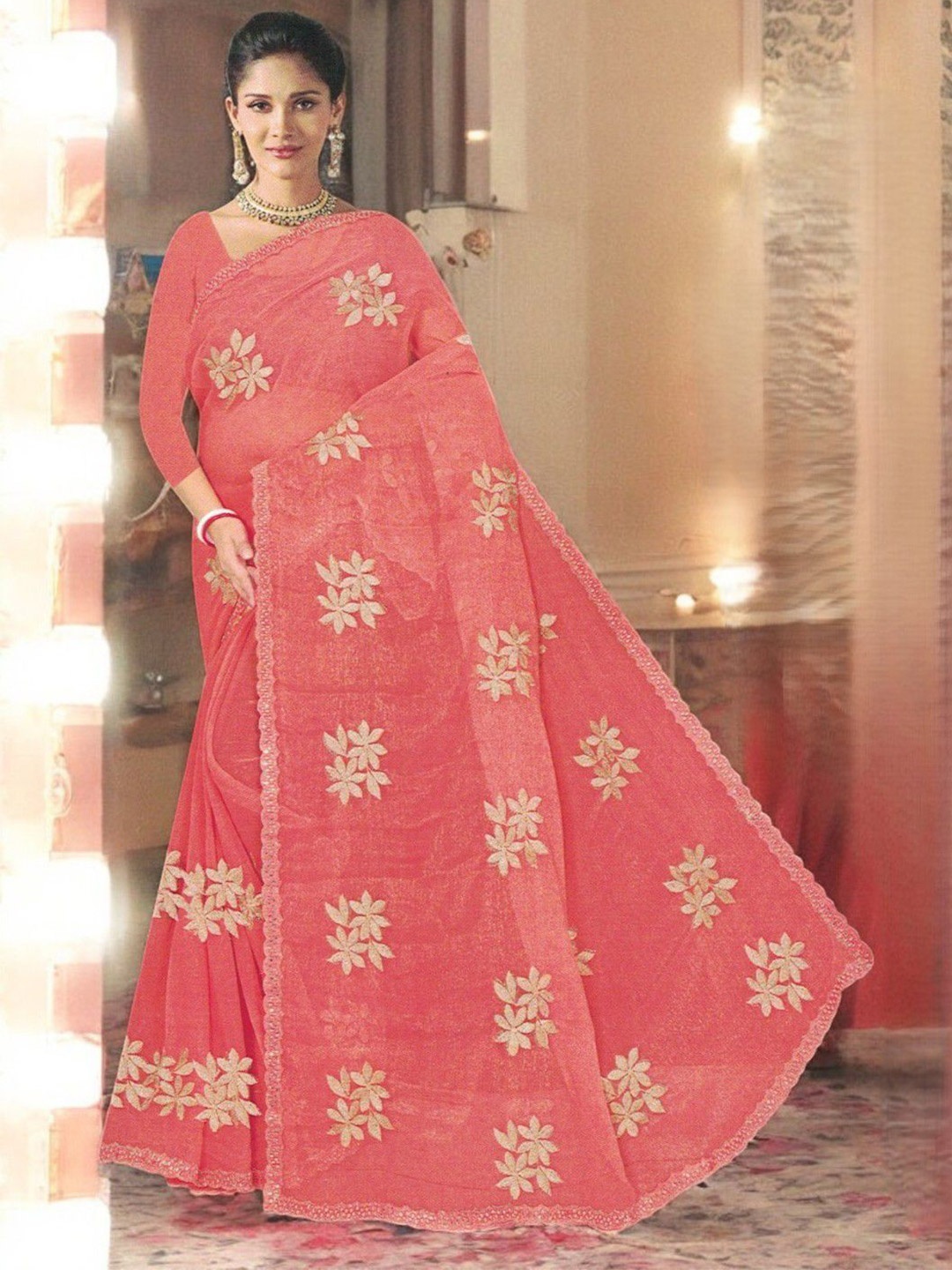

SHOPPKEE Floral Mirror Work Supernet Chanderi Saree, Red