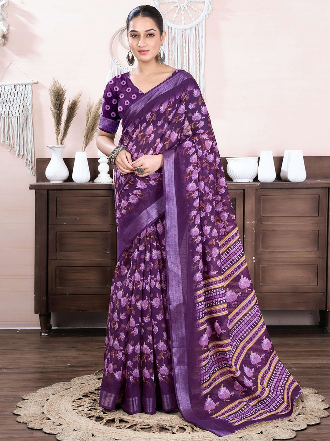 

KALINI Floral Zari Saree, Purple