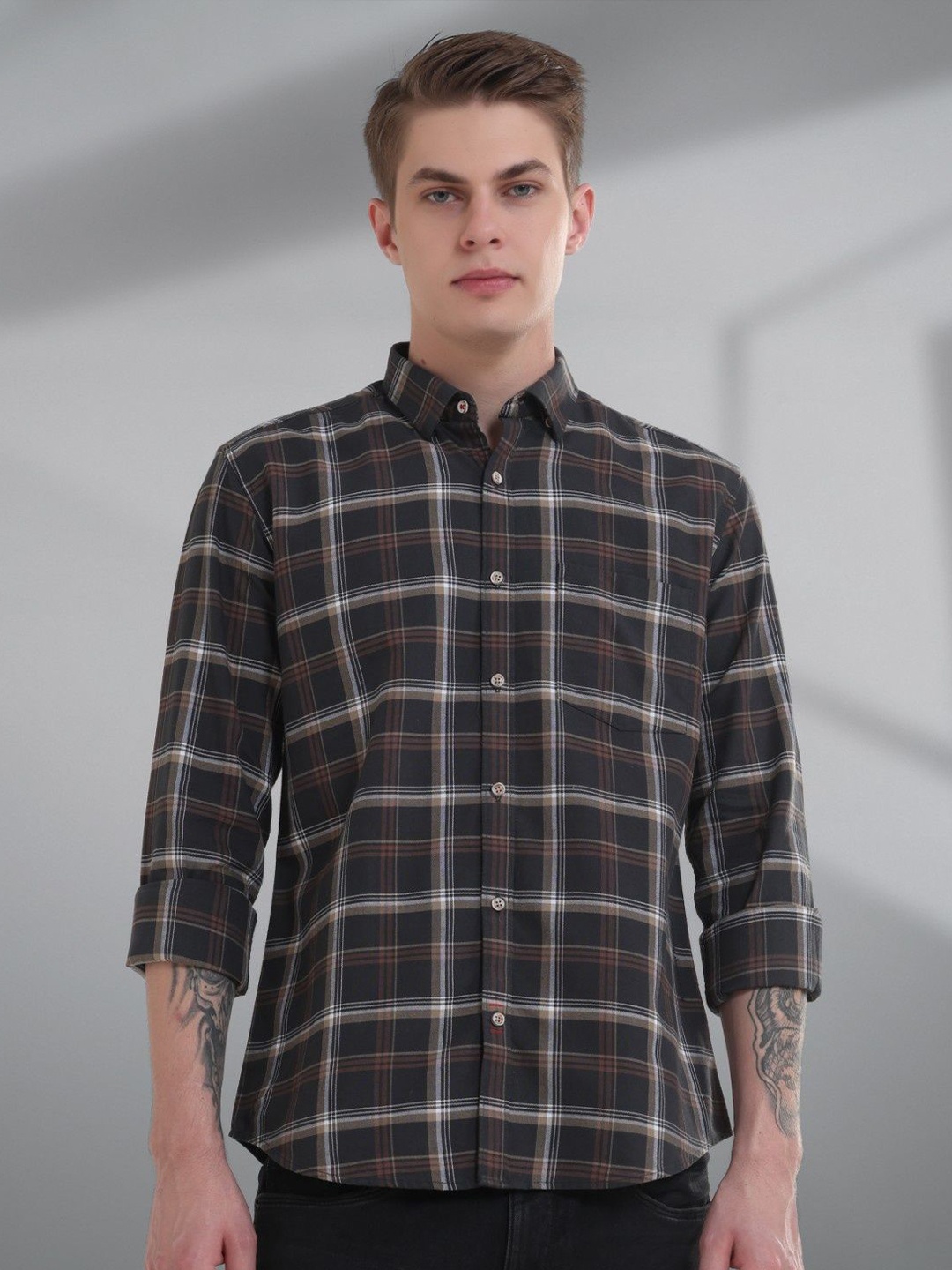 

TURMS Anti Stain Anti Odor Water Repellent Cotton Checked Shirt, Brown