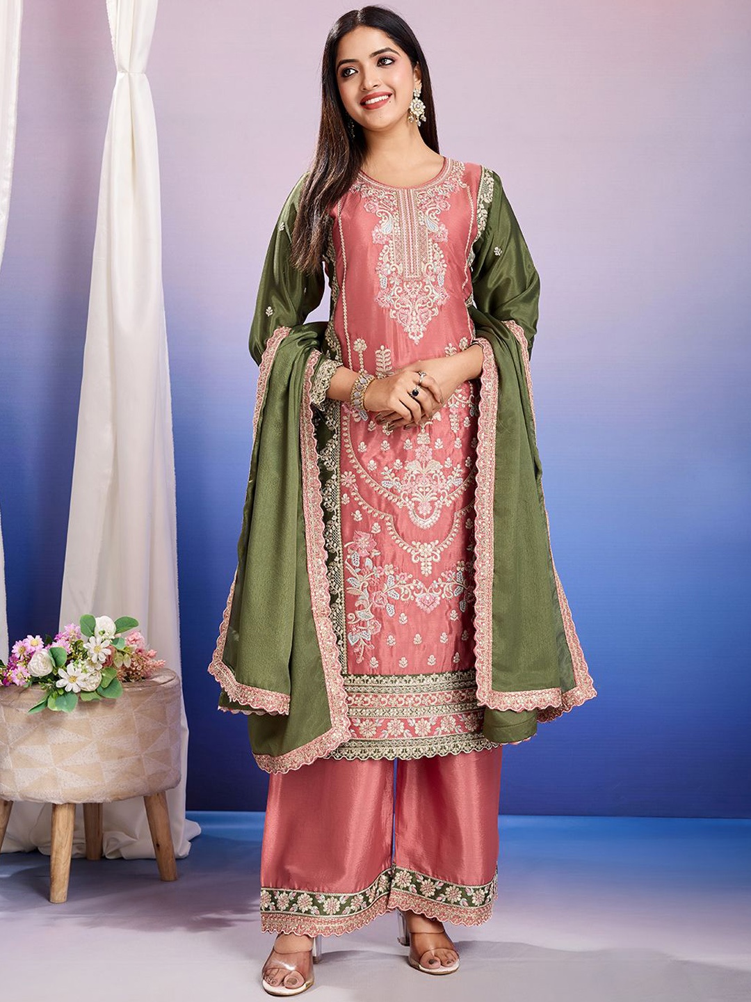 

AKSHARAM Women Floral Embroidered Regular Sequinned Kurta with Palazzos & With Dupatta, Peach