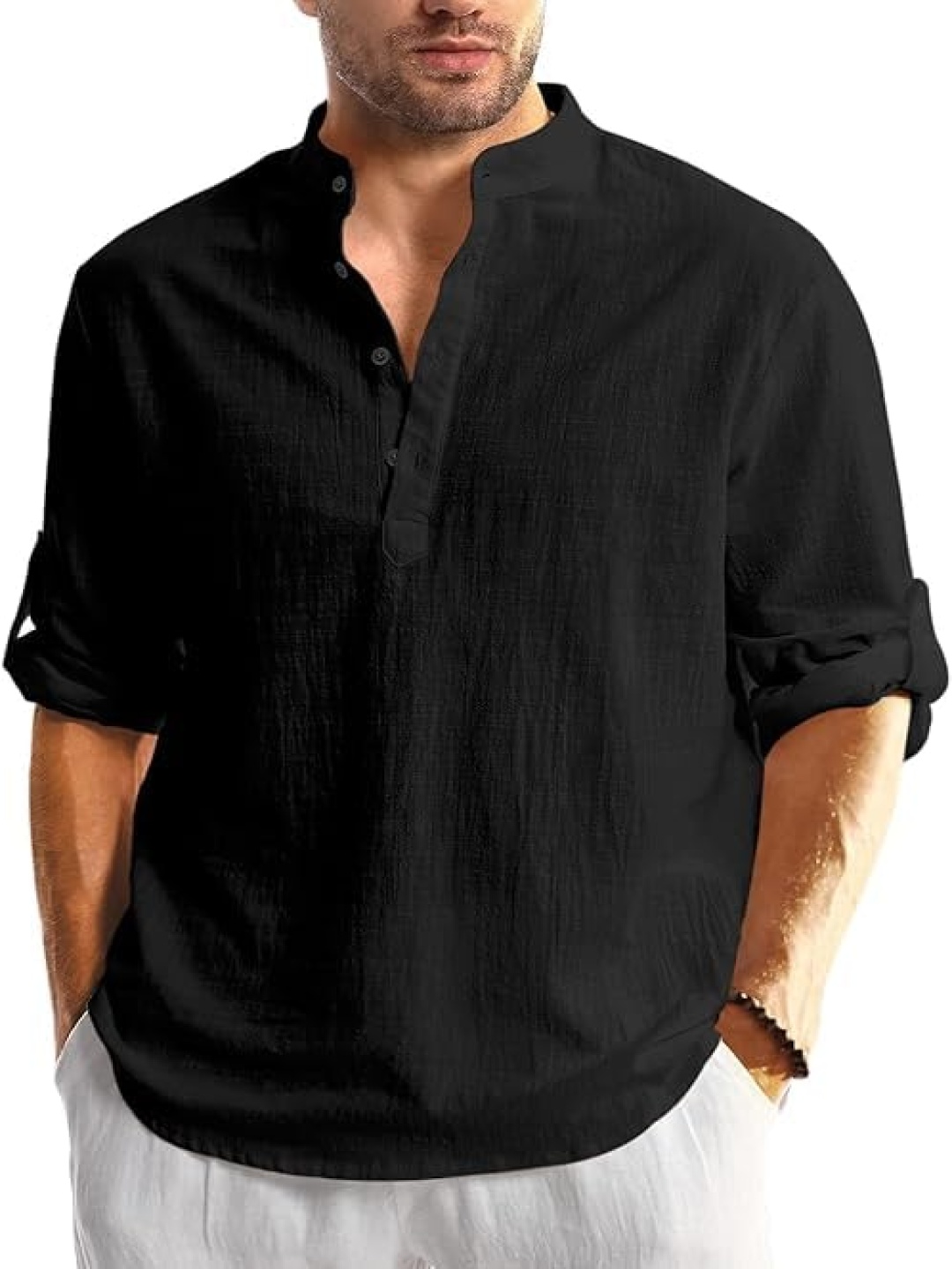 

EdinWolf Band Collar Pure Cotton Slim Fit Short Kurta, Black