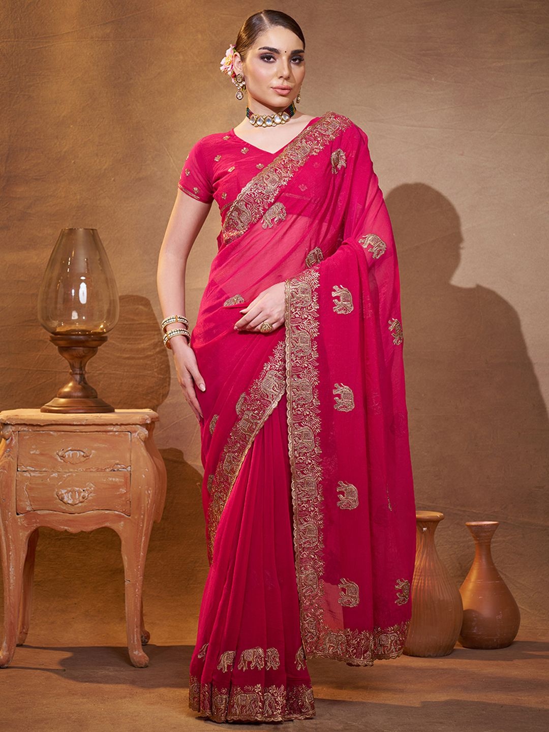 

Mitera Embellished Embroidered Satin Saree, Pink