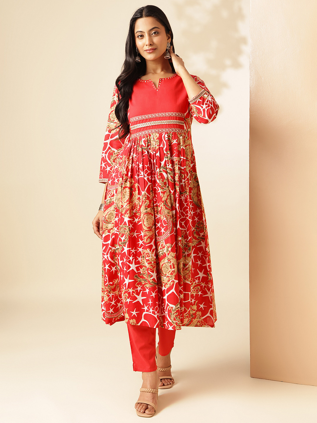 

Vbuyz Women Geometric Printed Anarkali Cotton Stitched Kurta With Pant Sets, Red