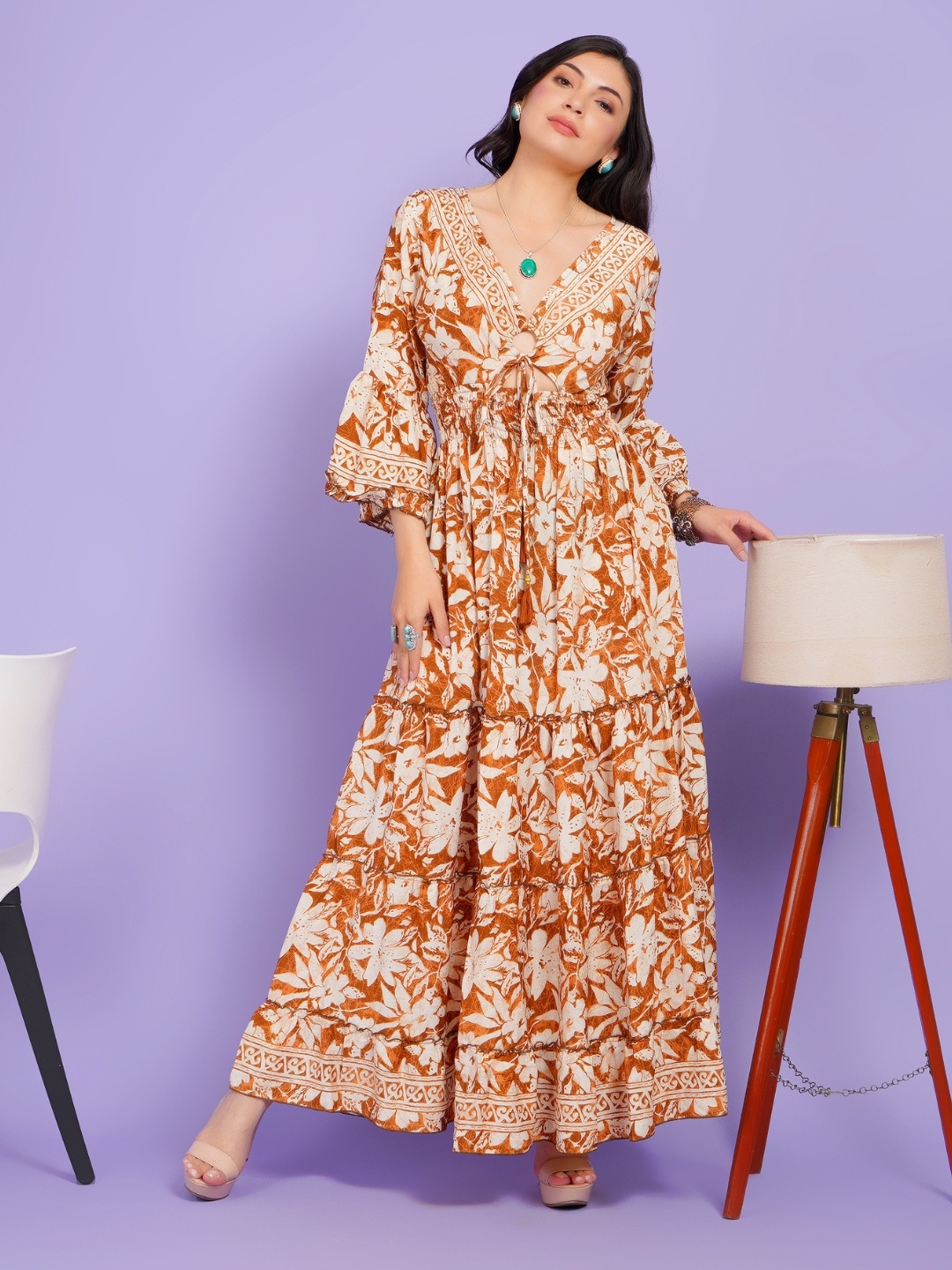 

Boholyfe Women Floral Printed Flared Sleeves Fit & Flare Maxi Dress, Brown