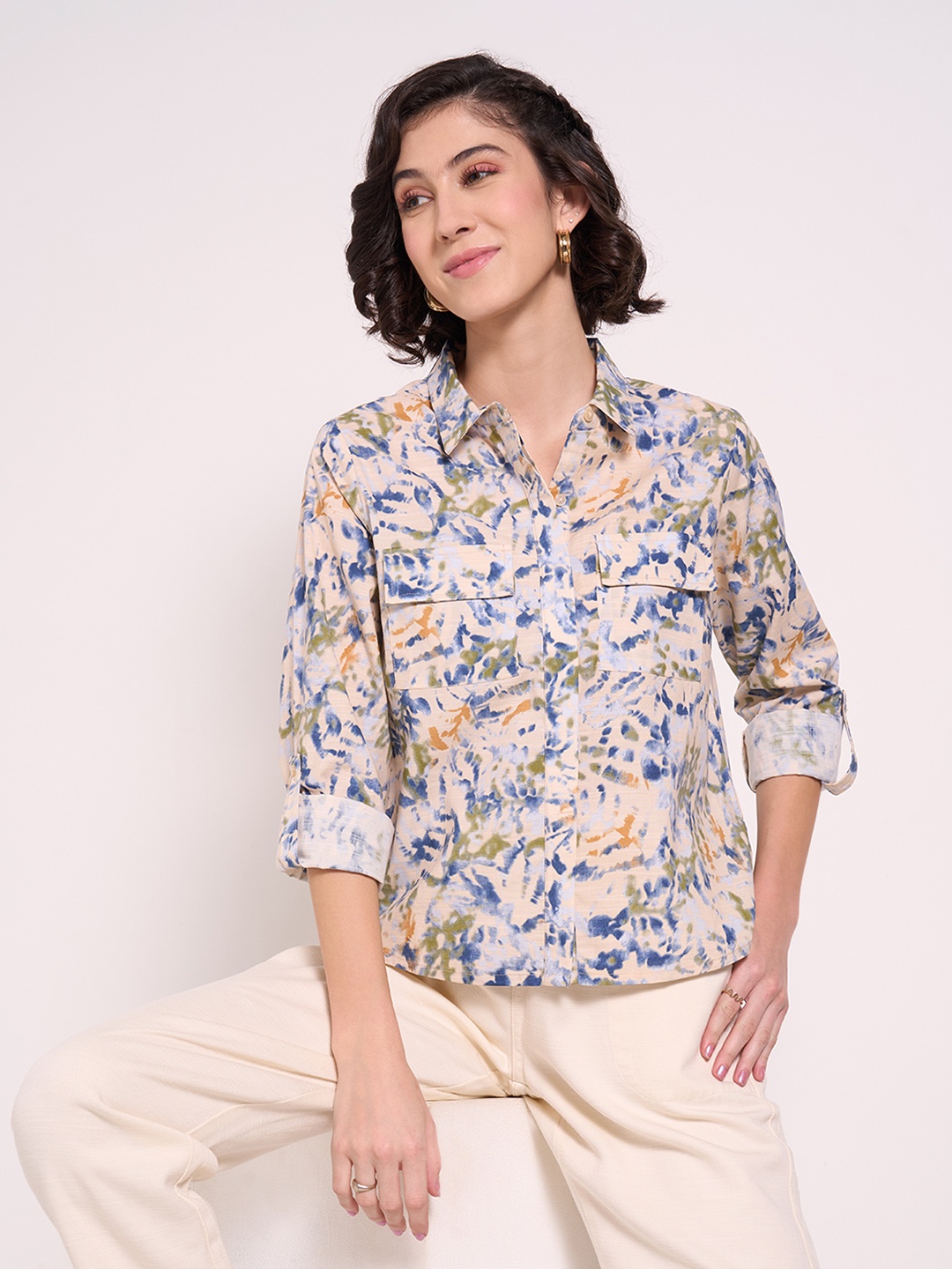 

Honey by Pantaloons Floral Print Roll-Up Sleeves Shirt Style Top, Beige