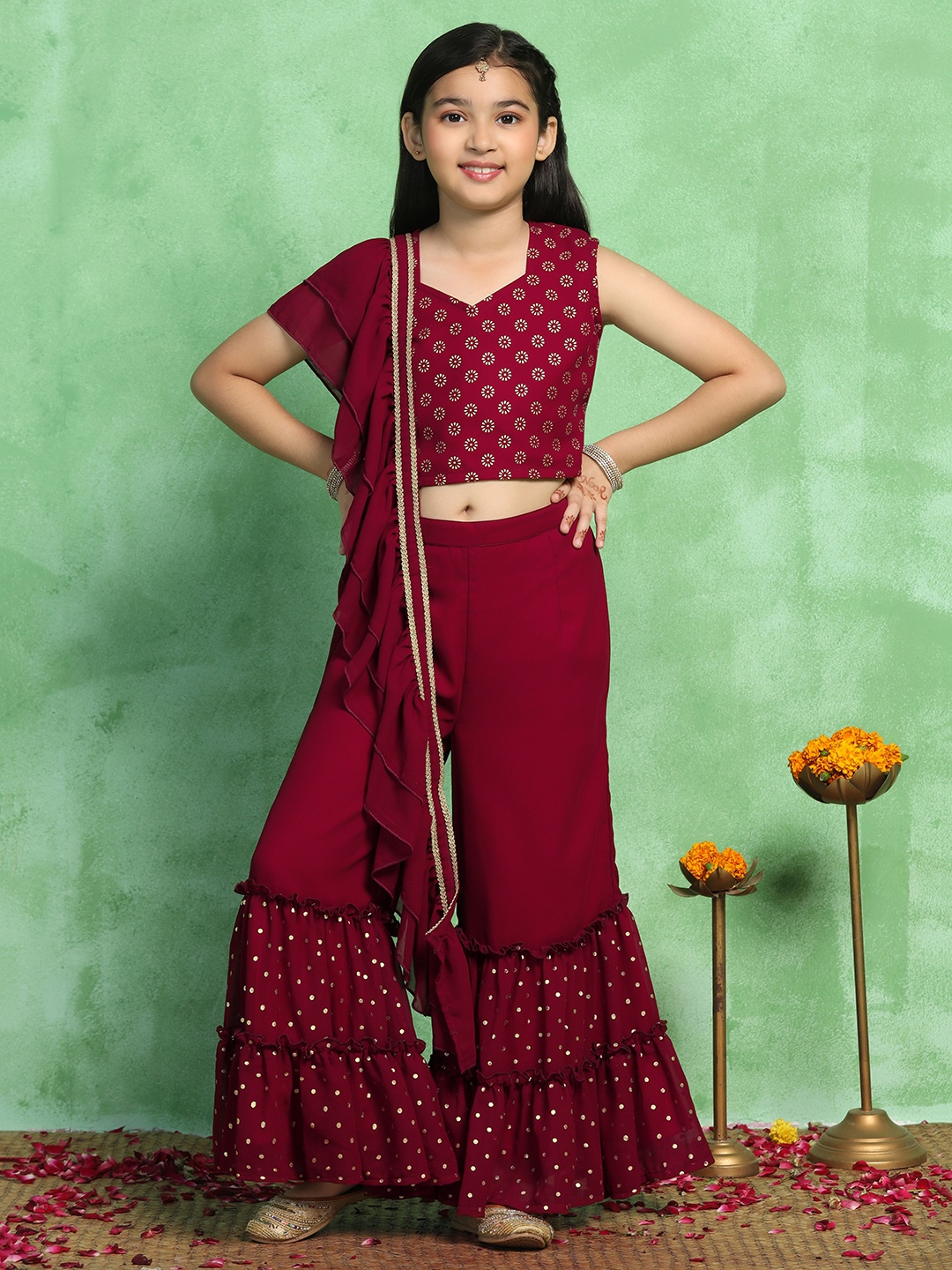 

Sangria Girls Printed Crop Top With Sharara & Dupatta, Maroon