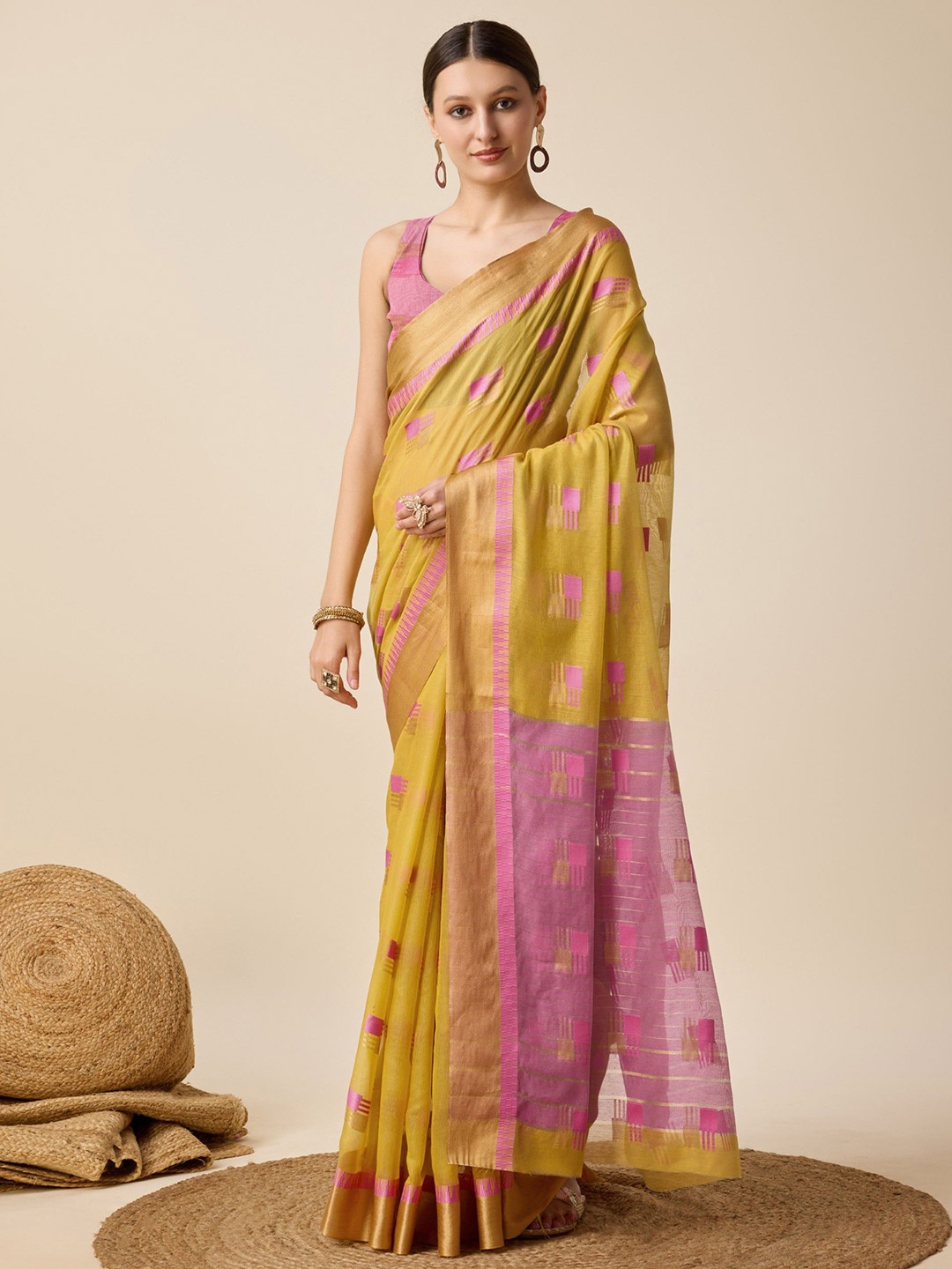 

Rangtulika Ethnics Woven Design Zari Silk Cotton Saree, Yellow