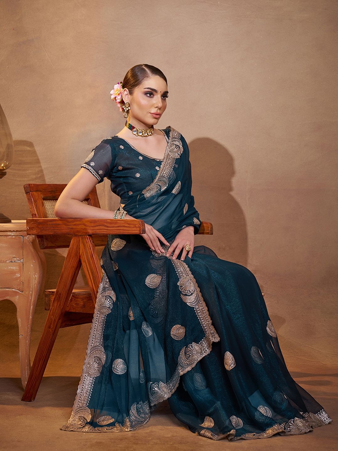 

Mitera Embellished Embroidered Pure Chiffon Saree, Teal
