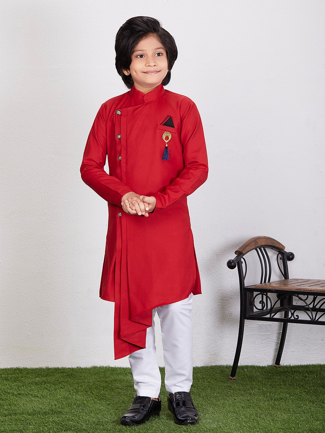

NOYYAL Boys Regular Pure Cotton Kurta with Churidar, Red