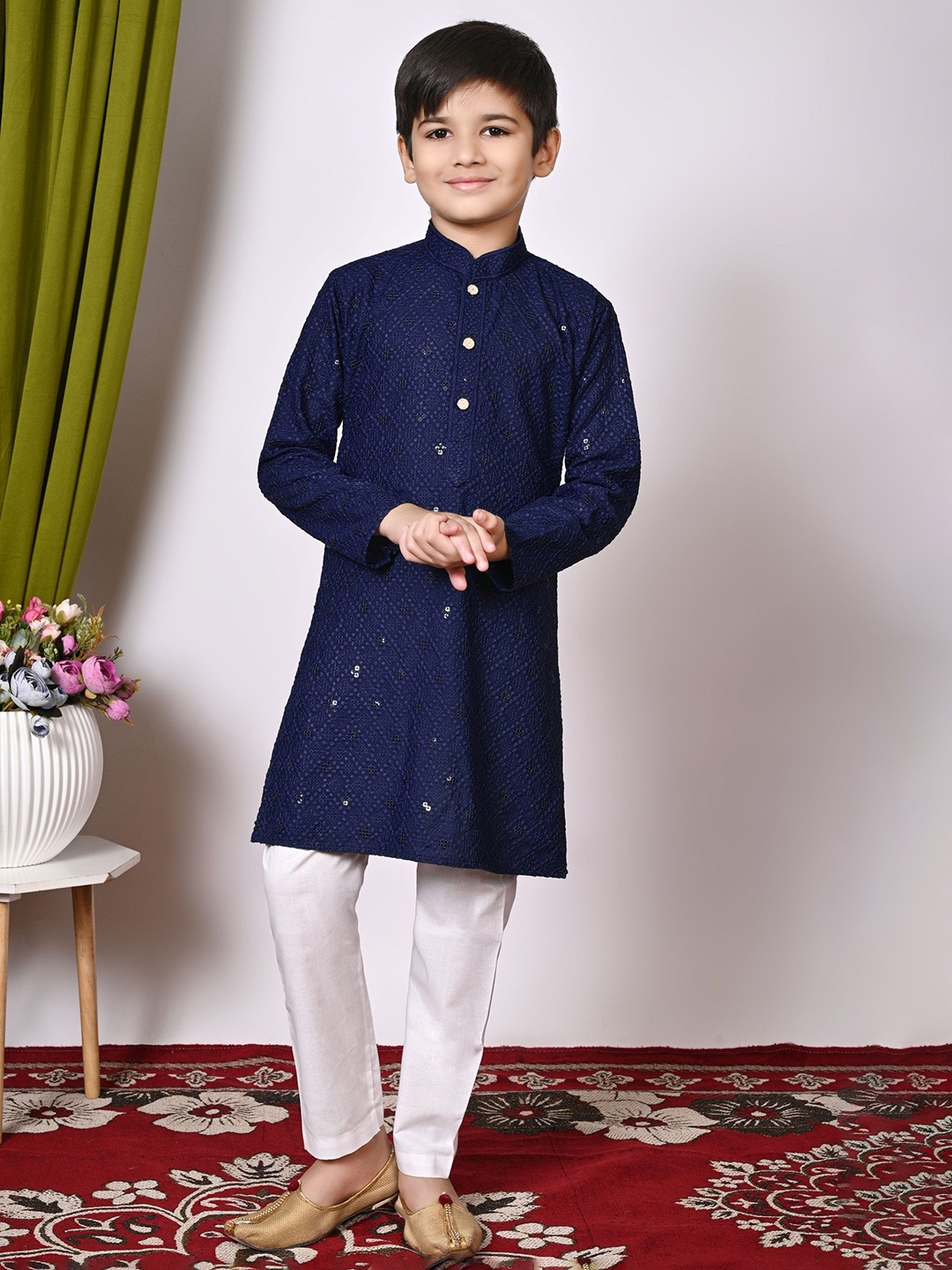 

NFC CREATION Boys Embroidered Regular Sequinned Kurta with Pyjamas, Navy blue