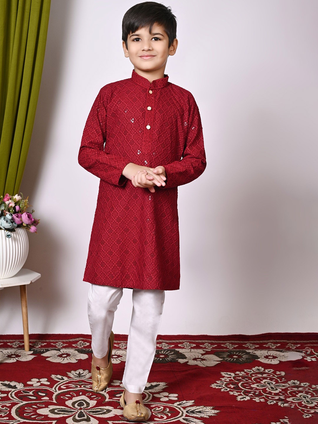 

NFC CREATION Boys Embroidered Regular Sequinned Kurta with Pyjamas, Maroon
