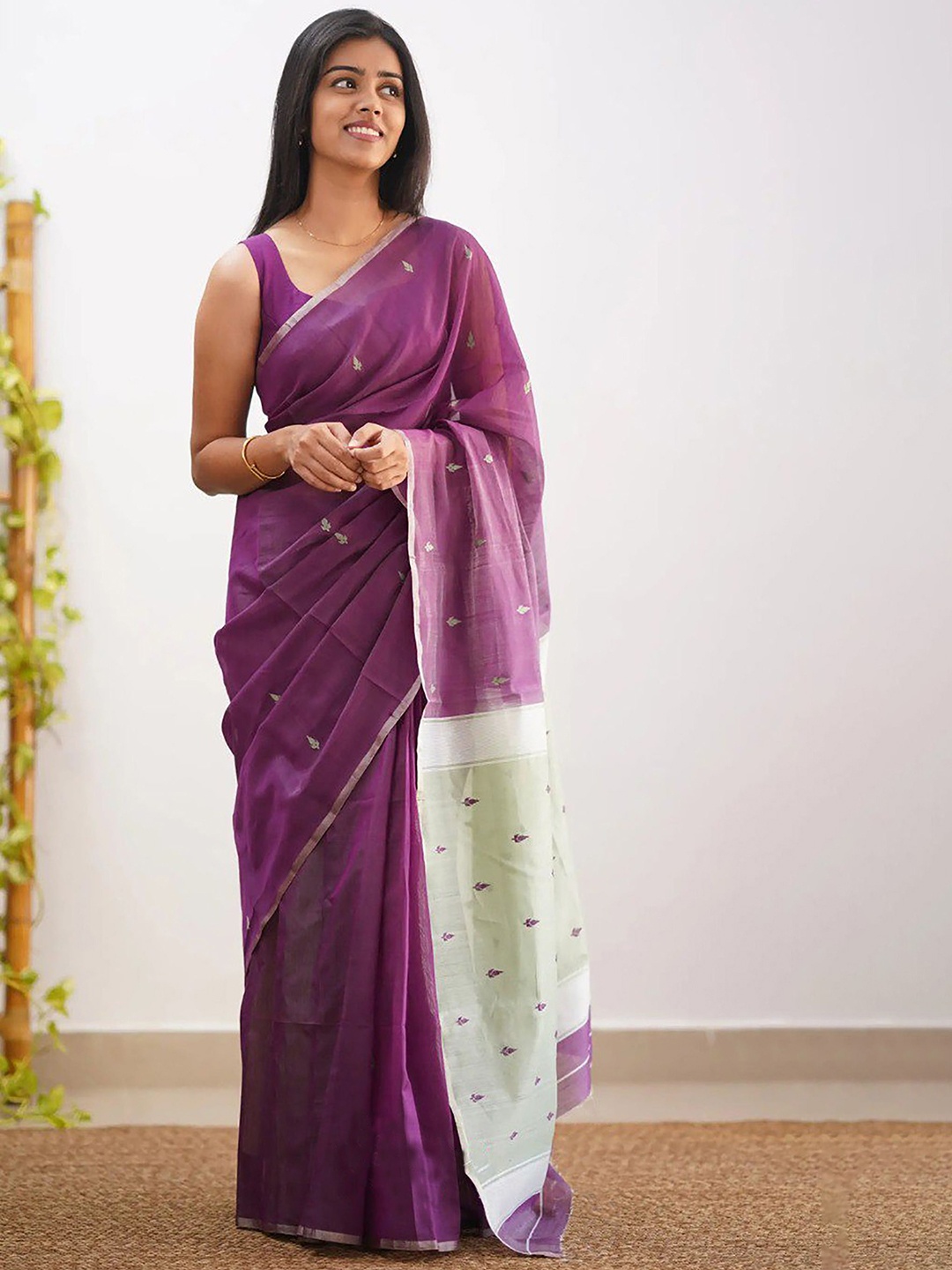

KALINI Woven Design Zari Silk Blend Banarasi Saree, Purple