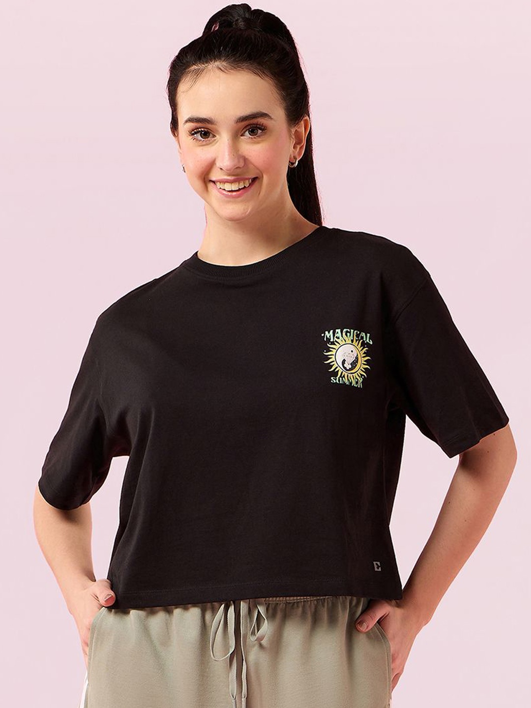 

Enamor Graphic Printed Pure Cotton Oversized Fit Lounge T-Shirt, Black