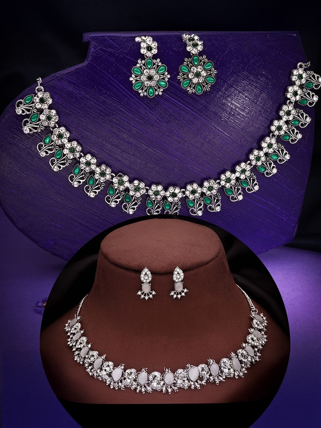 

DIVASTRI Set Of 2 Silver-Plated Artificial Stones Studded Necklace With Earrings