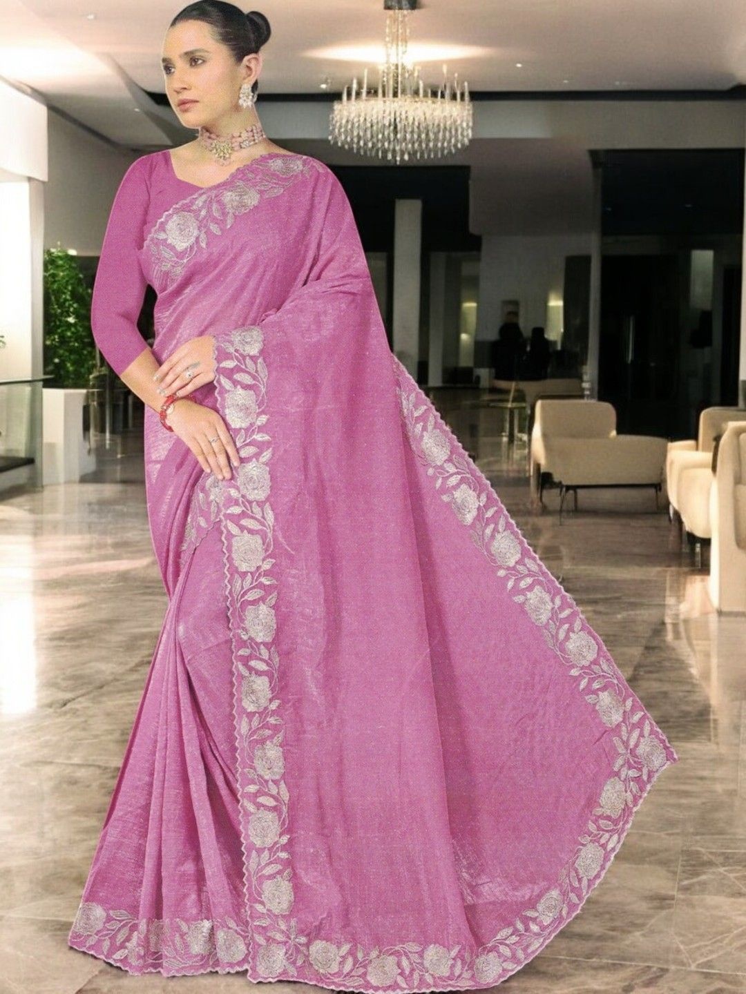 

SHOPPKEE Floral Embroidered Silk Blend Banarasi Saree, Pink